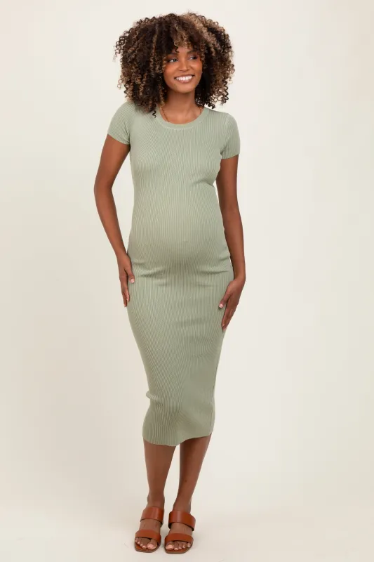 Light Olive Short Sleeve Rib Knit Maternity Midi Dress sold by Pinkblush
