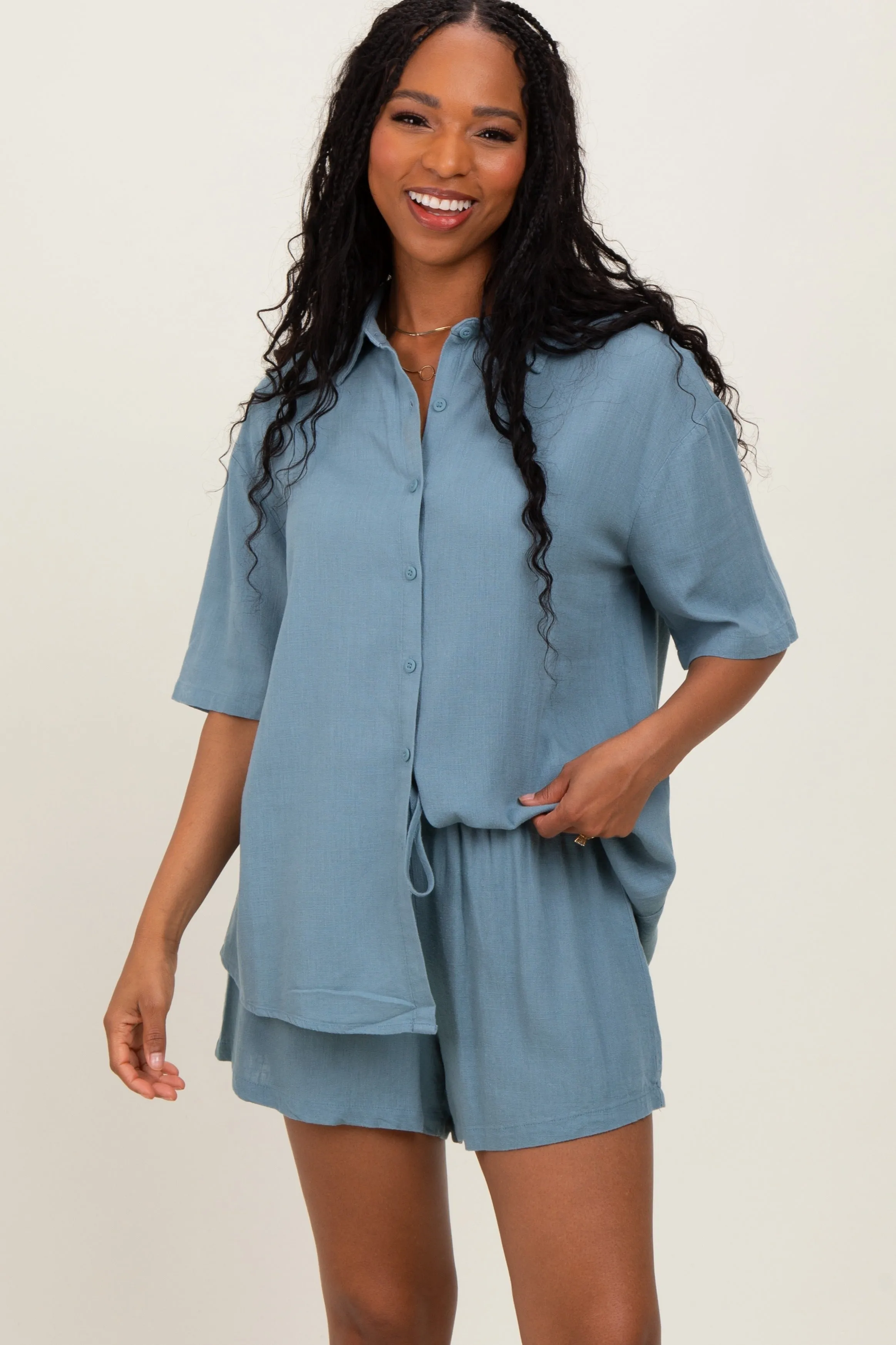 Blue Linen Blend Short Sleeve Shirt Shorts Maternity Set sold by Pinkblush product image thumbnail 5