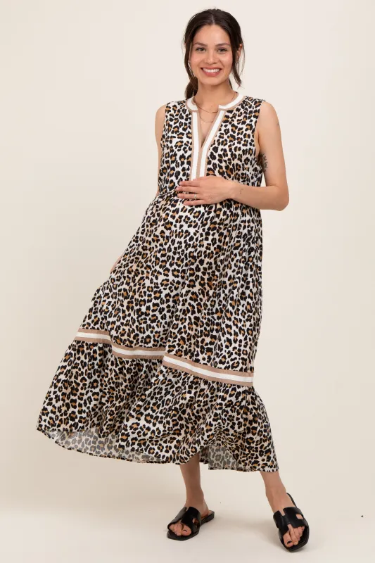 Camel Animal Print Contrast Sleeveless Maternity Midi Dress sold by Pinkblush