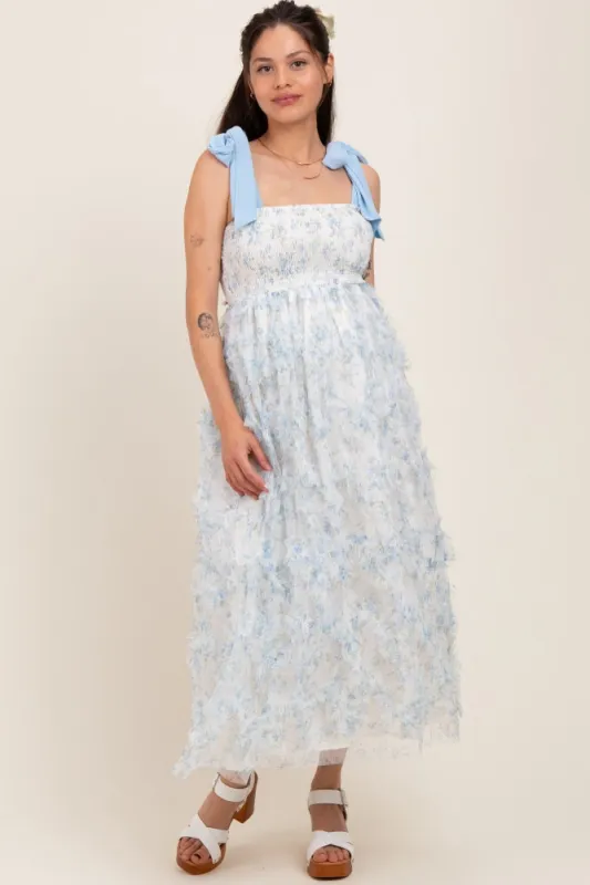 Light Blue Floral Smocked Shoulder Tie Ruffled Maternity Midi Dress made by In February