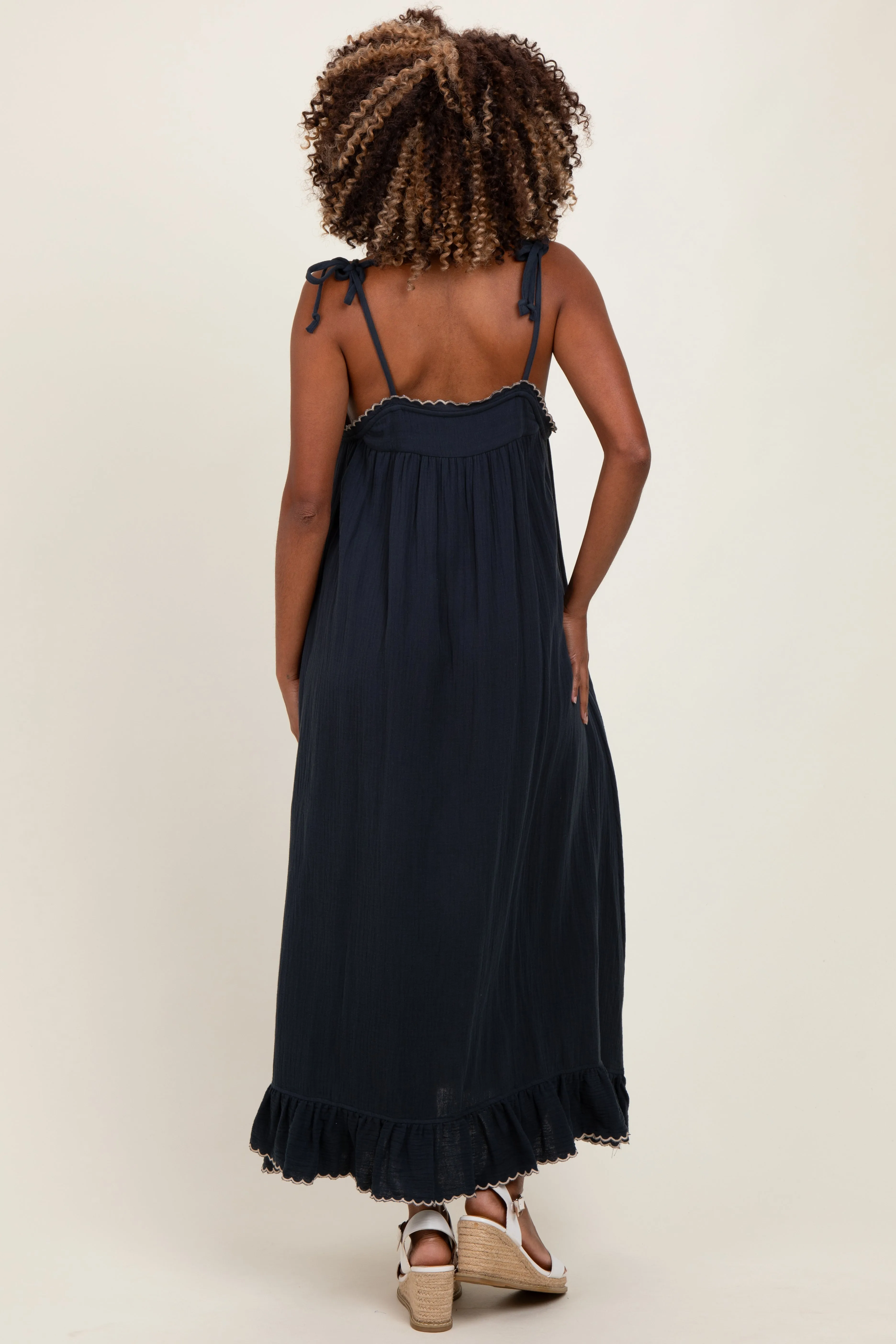 Navy Scallop Trim Shoulder Tie Maternity Maxi Dress sold by Pinkblush product image thumbnail 3