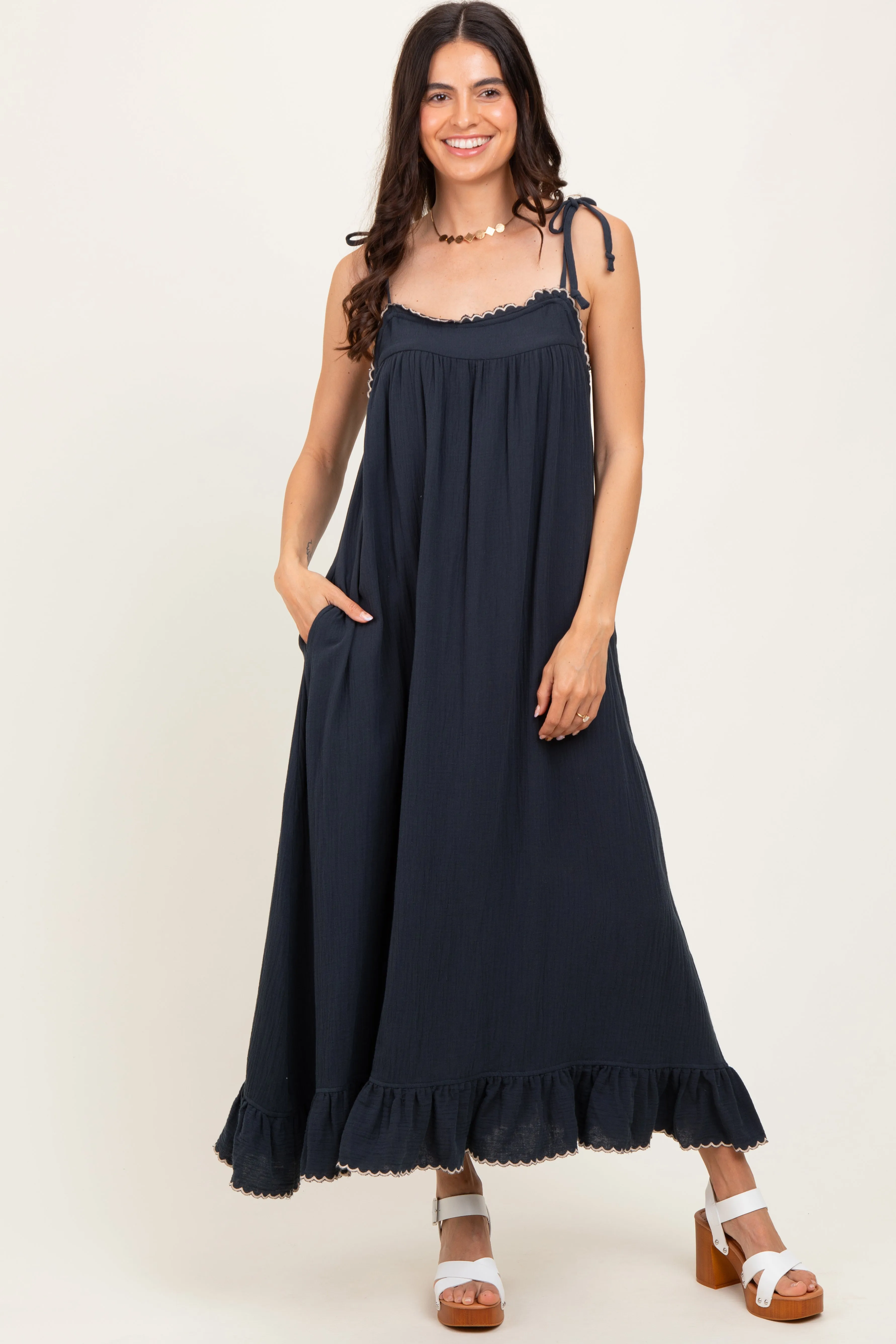 Navy Scallop Trim Shoulder Tie Maternity Maxi Dress sold by Pinkblush product image thumbnail 4