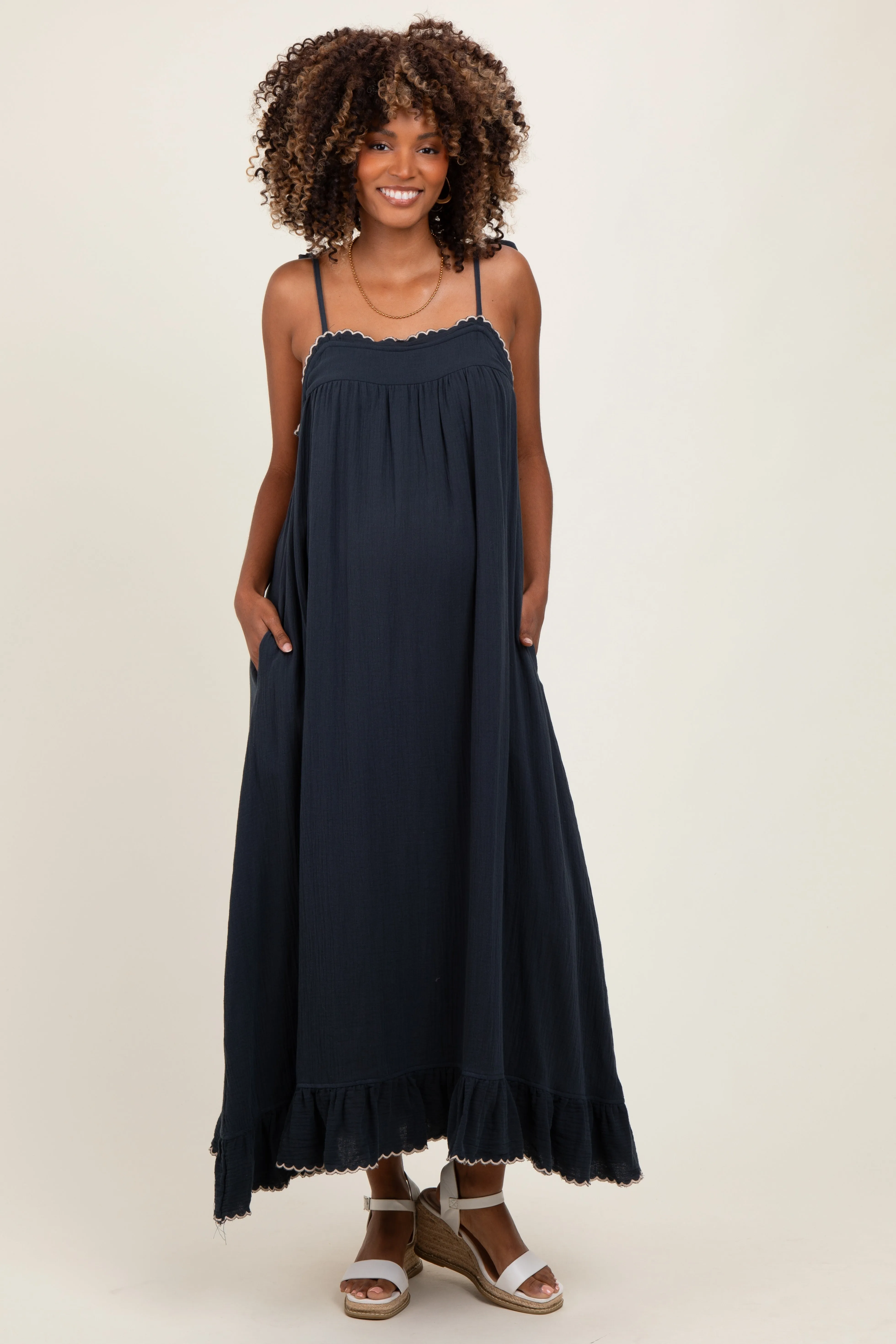 Navy Scallop Trim Shoulder Tie Maternity Maxi Dress sold by Pinkblush
