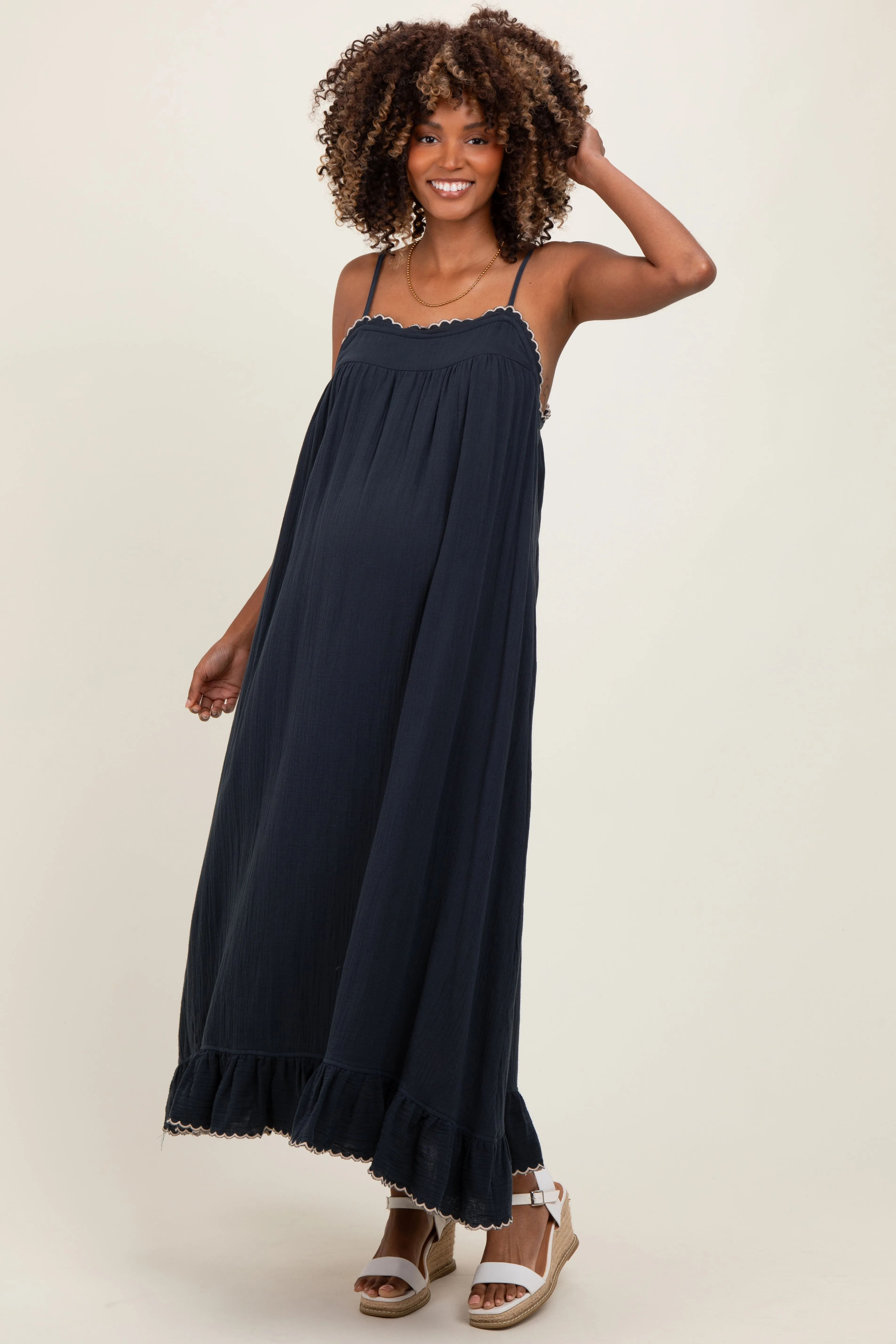 Navy Scallop Trim Shoulder Tie Maternity Maxi Dress sold by Pinkblush product image thumbnail 2