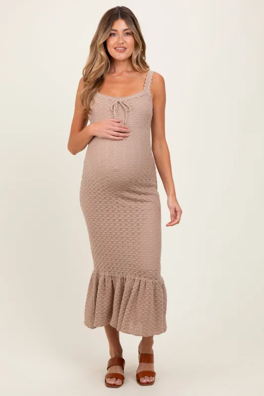 Light Taupe Crochet Knit Front Tie Maternity Midi Dress sold by Pinkblush