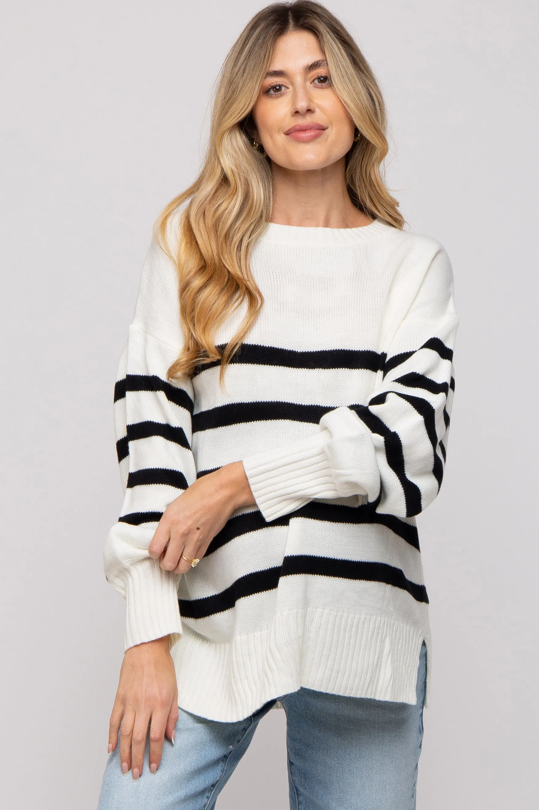 Ivory Striped Oversized Side Slit Maternity Sweater sold by Pinkblush