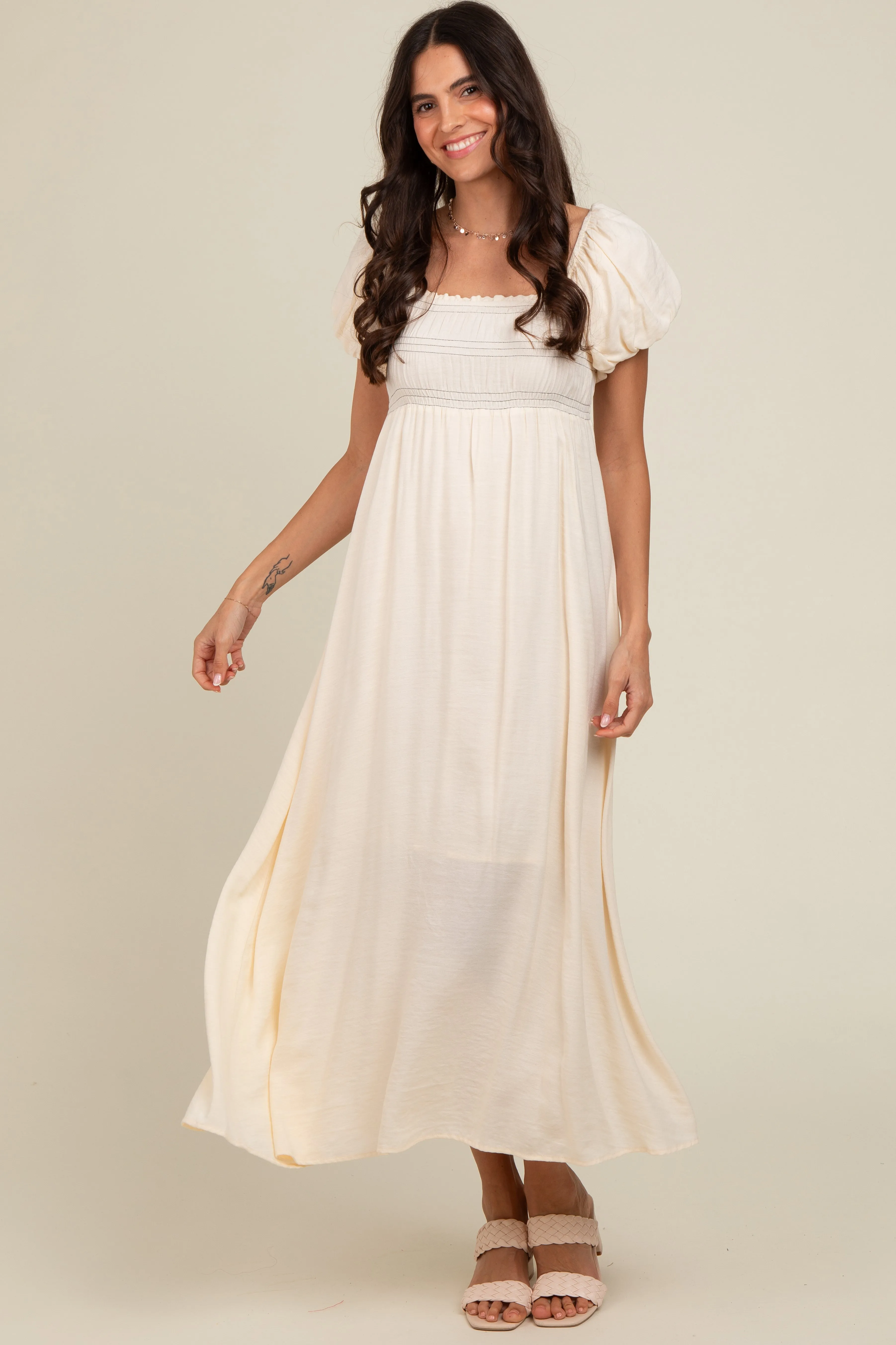 Cream Smocked Puff Sleeve Maternity Maxi Dress sold by Pinkblush product image thumbnail 5