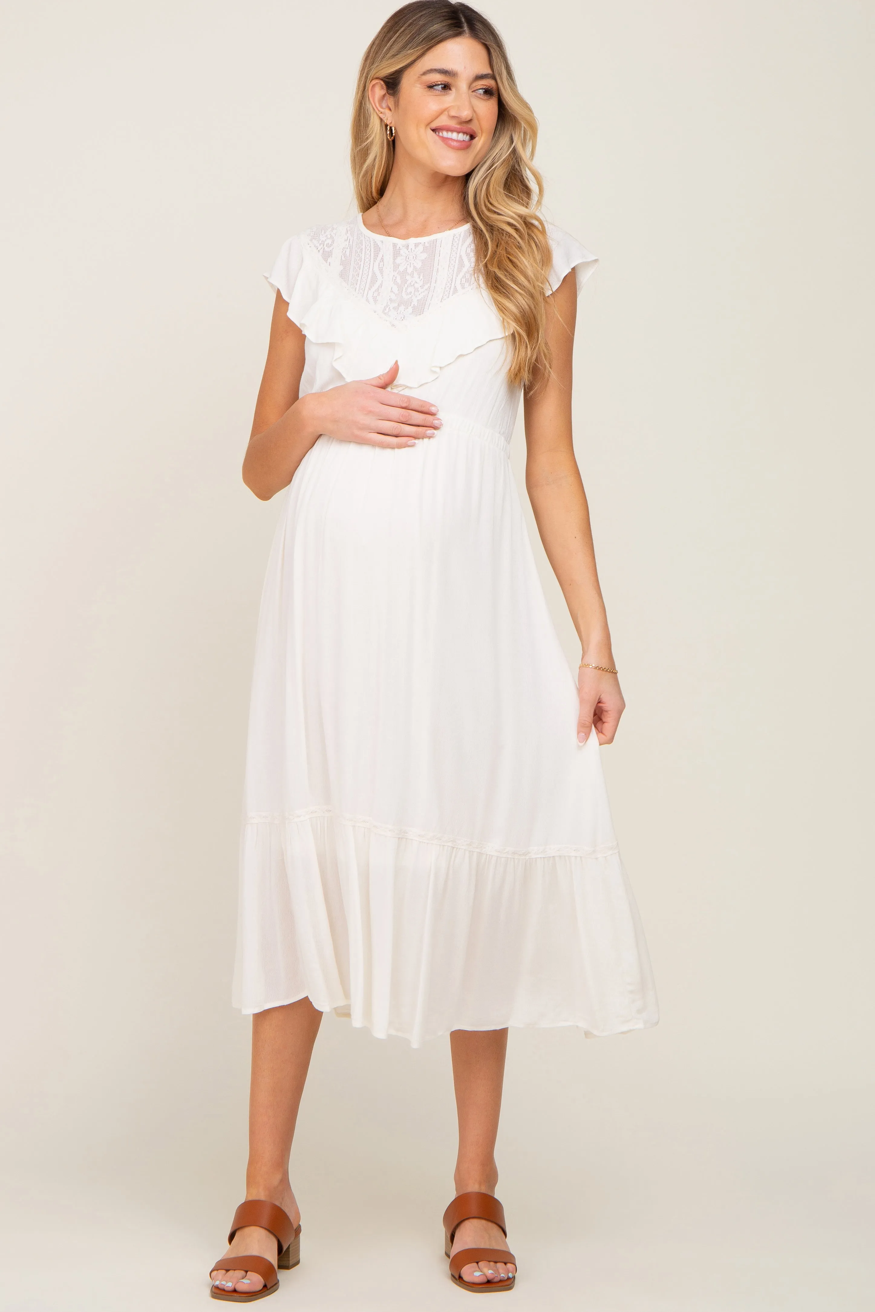 Ivory Lace Inset Ruffle Maternity Midi Dress sold by Pinkblush product image thumbnail 2