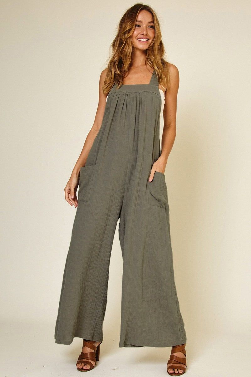 Light Olive Wide Leg Tie Back Overalls sold by Pinkblush