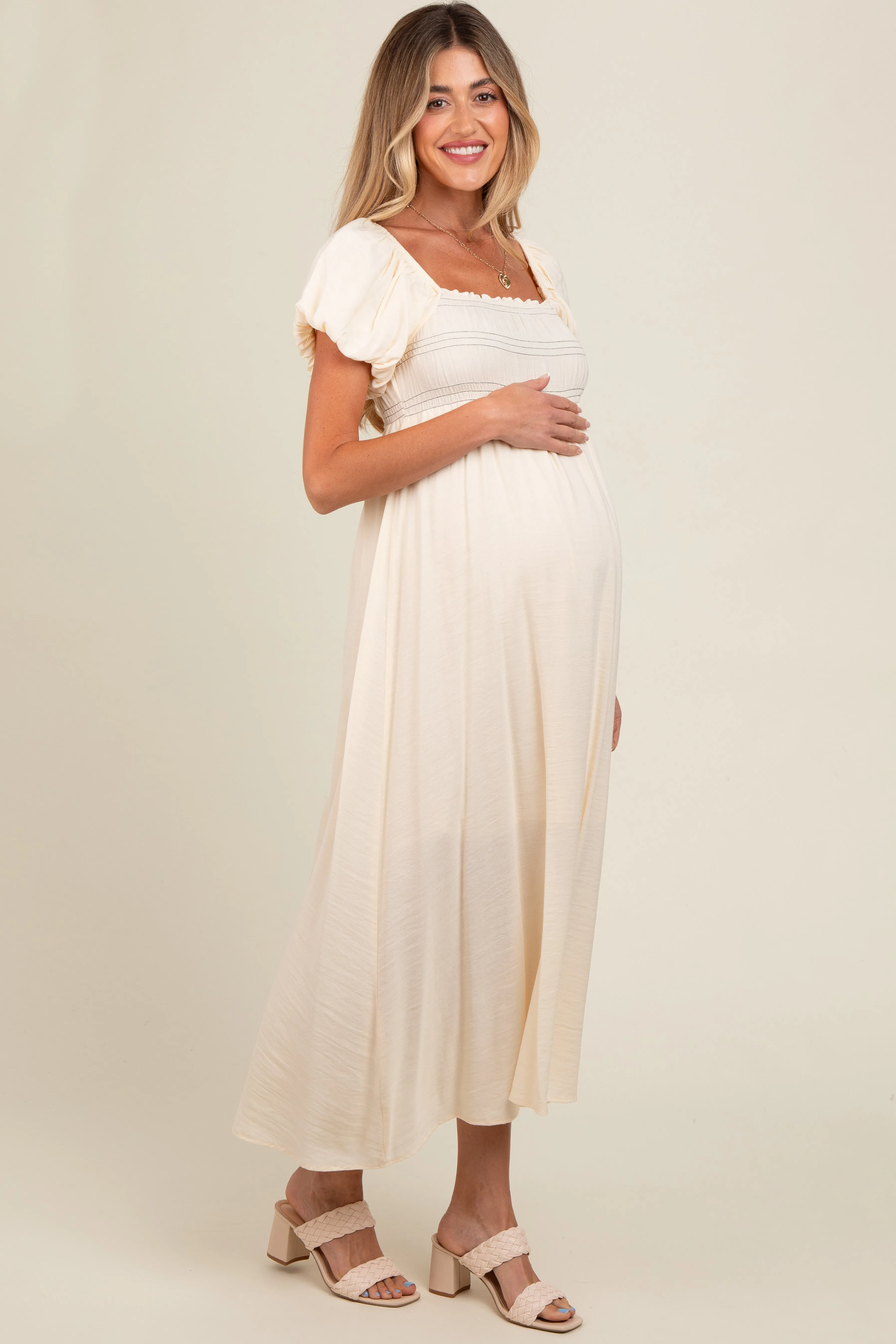 Cream Smocked Puff Sleeve Maternity Maxi Dress sold by Pinkblush product image thumbnail 3