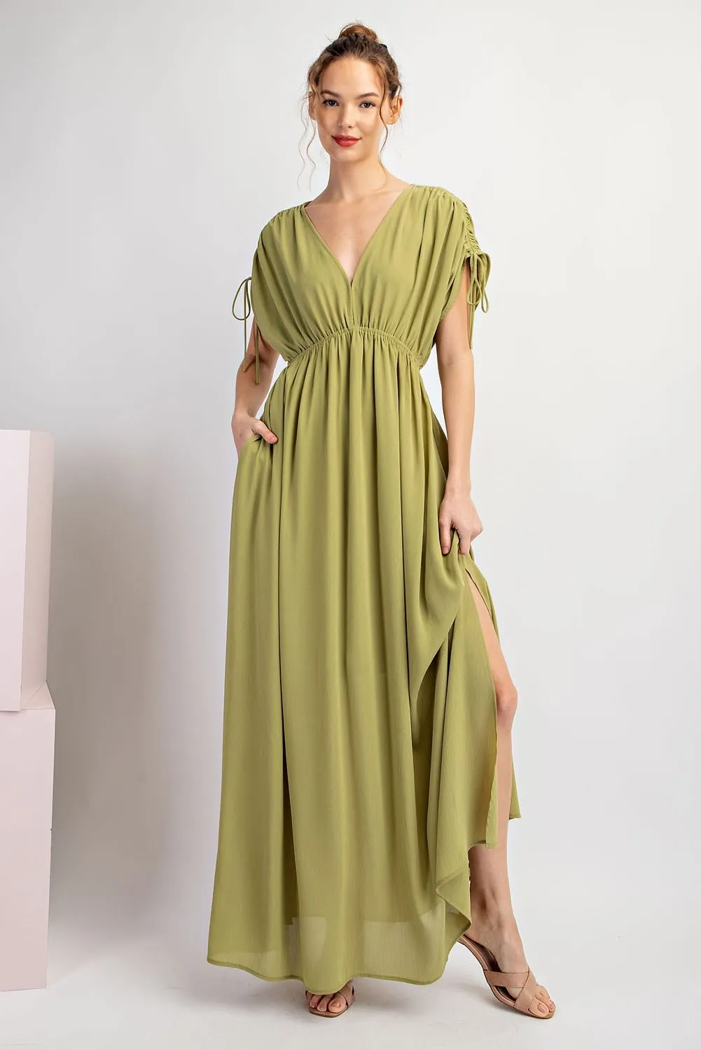 Light Olive V-Neck Drawstring Short Sleeve Side Slit Maxi Dress sold by Pinkblush