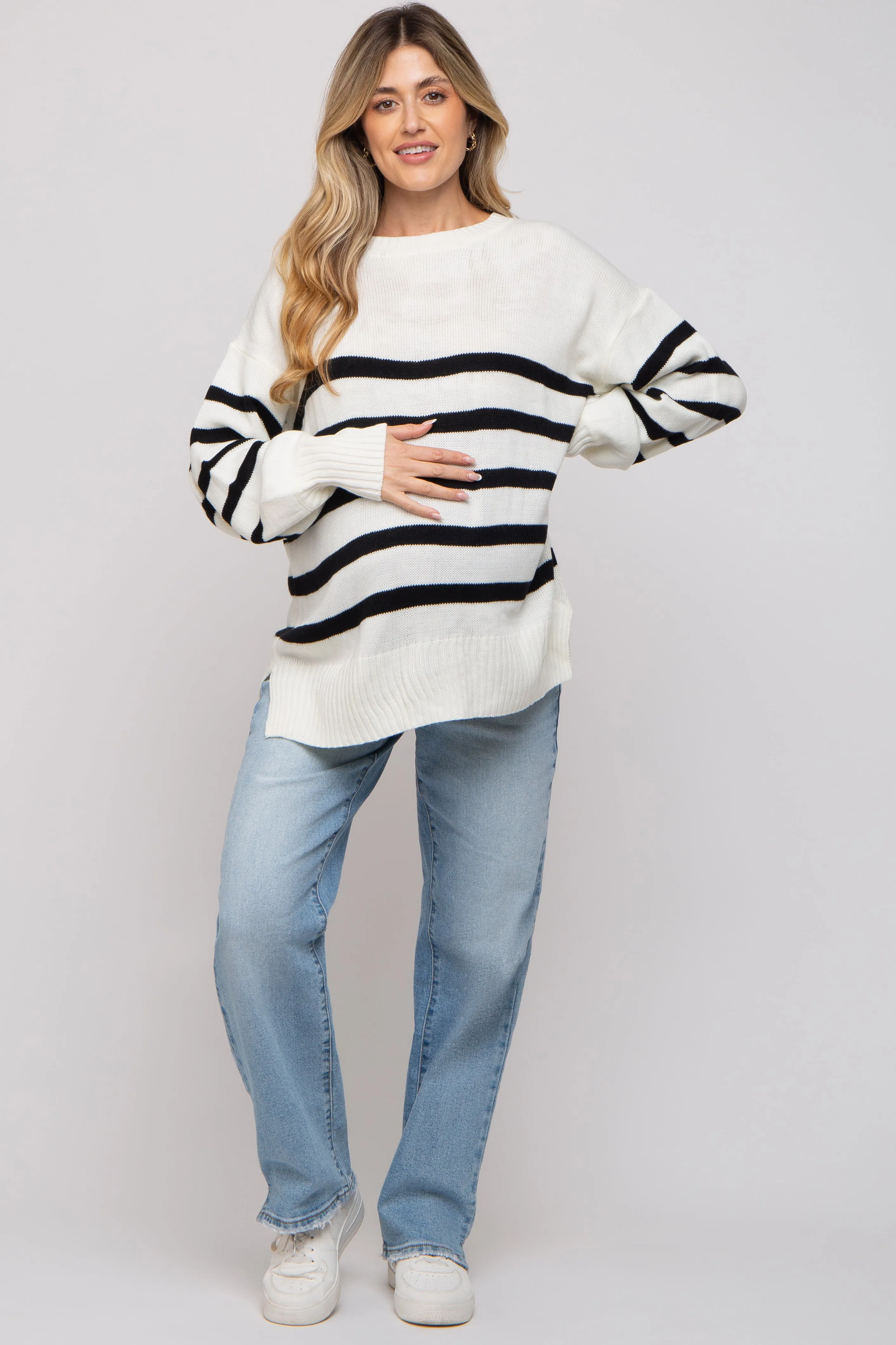 Ivory Striped Oversized Side Slit Maternity Sweater sold by Pinkblush product image thumbnail 3