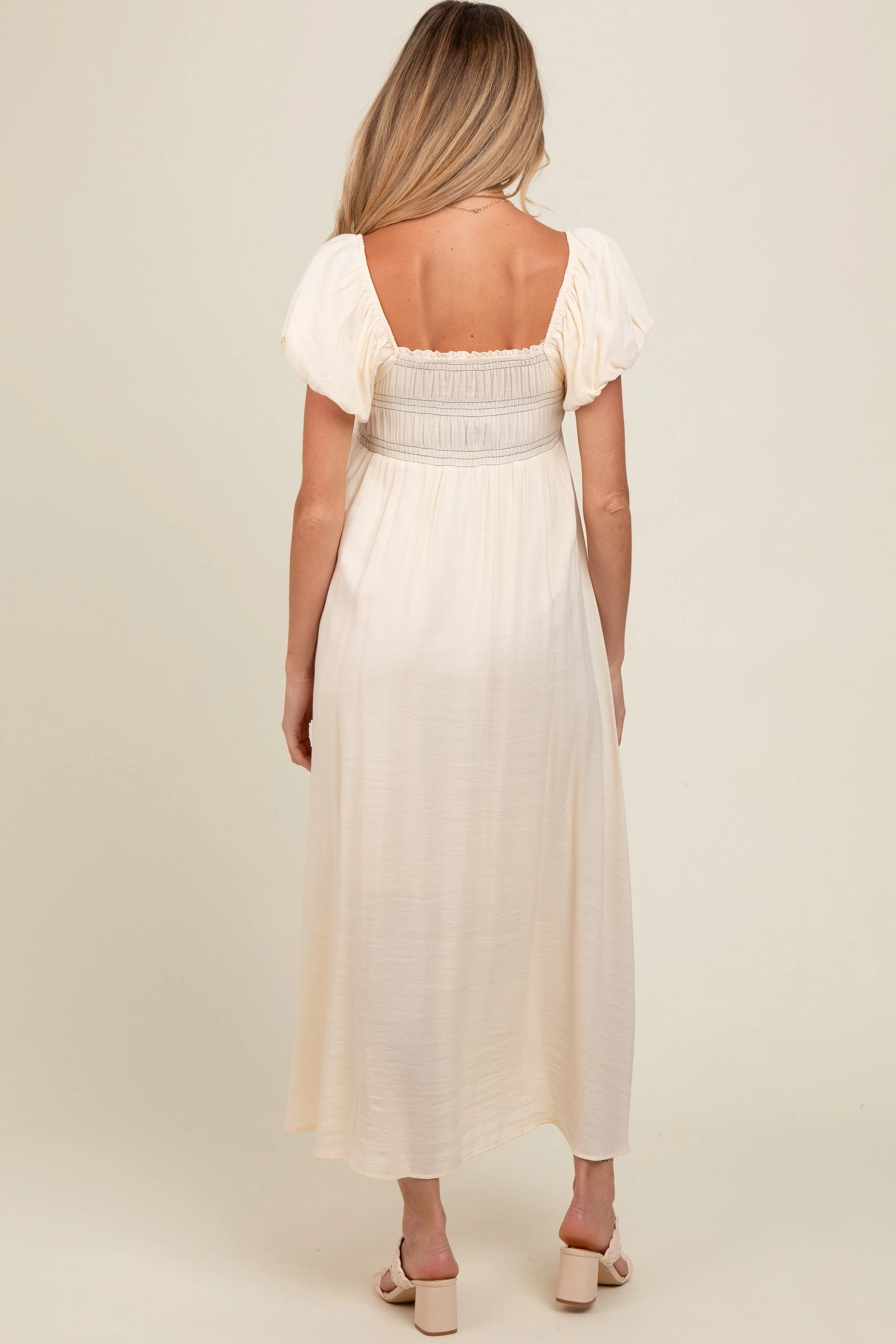 Cream Smocked Puff Sleeve Maternity Maxi Dress sold by Pinkblush product image thumbnail 4