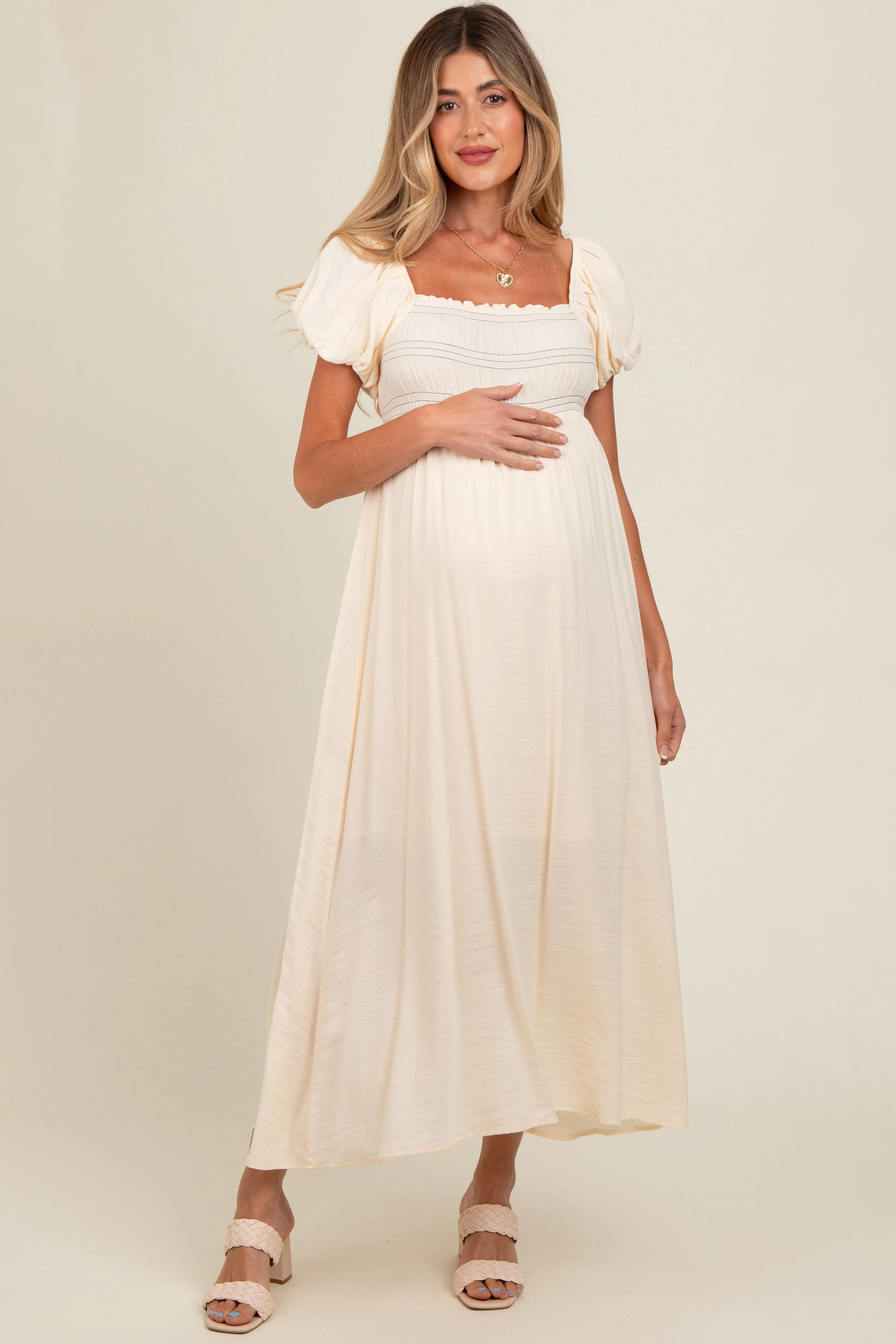 Cream Smocked Puff Sleeve Maternity Maxi Dress sold by Pinkblush