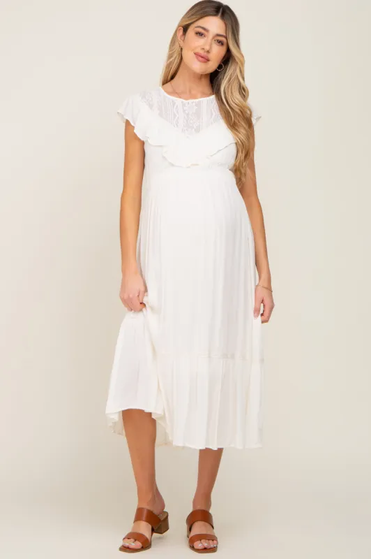 Ivory Lace Inset Ruffle Maternity Midi Dress made by Pinkblush