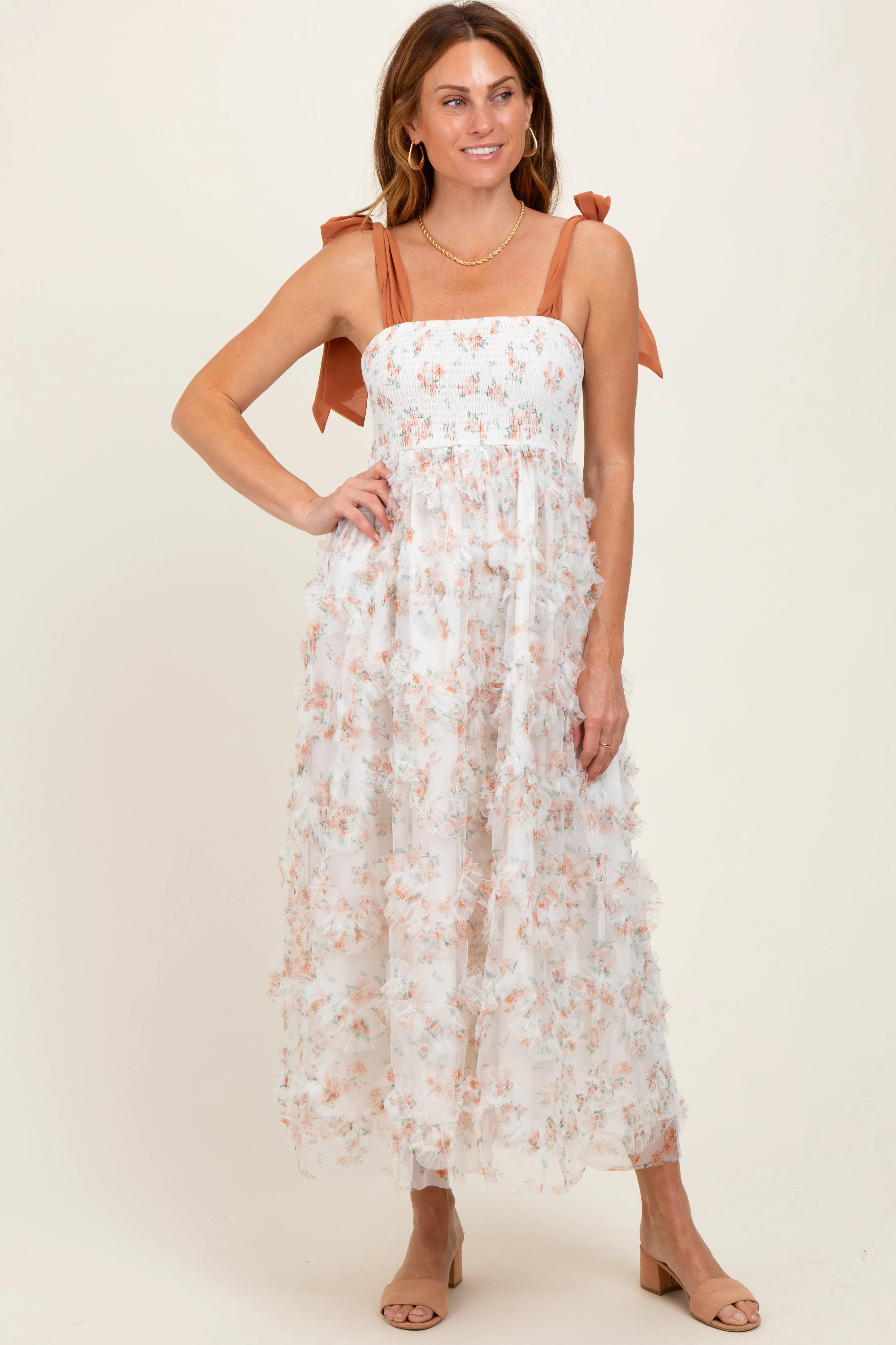 Rust Floral Smocked Shoulder Tie Ruffled Maternity Midi Dress sold by Pinkblush product image thumbnail 5