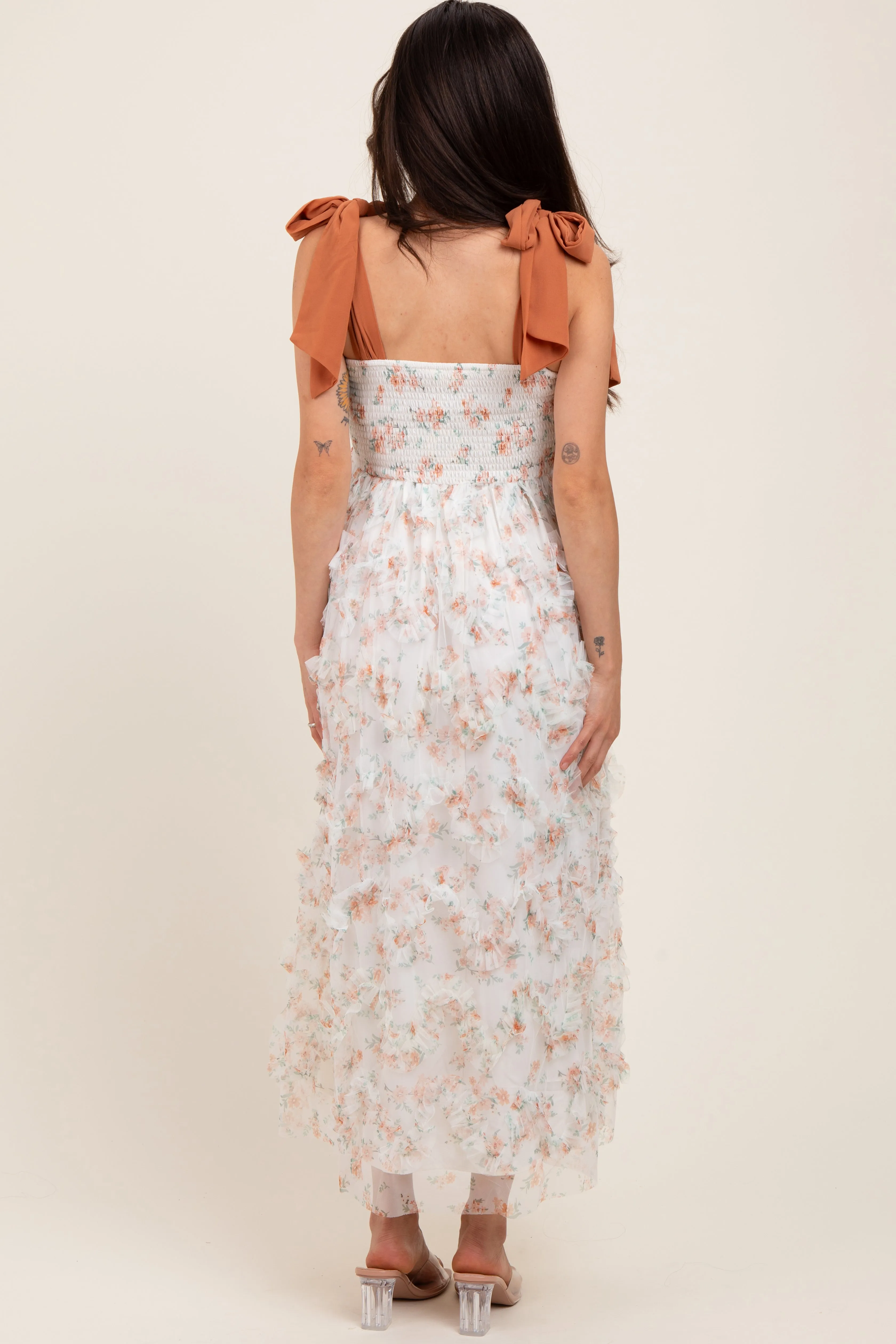 Rust Floral Smocked Shoulder Tie Ruffled Maternity Midi Dress sold by Pinkblush product image thumbnail 4