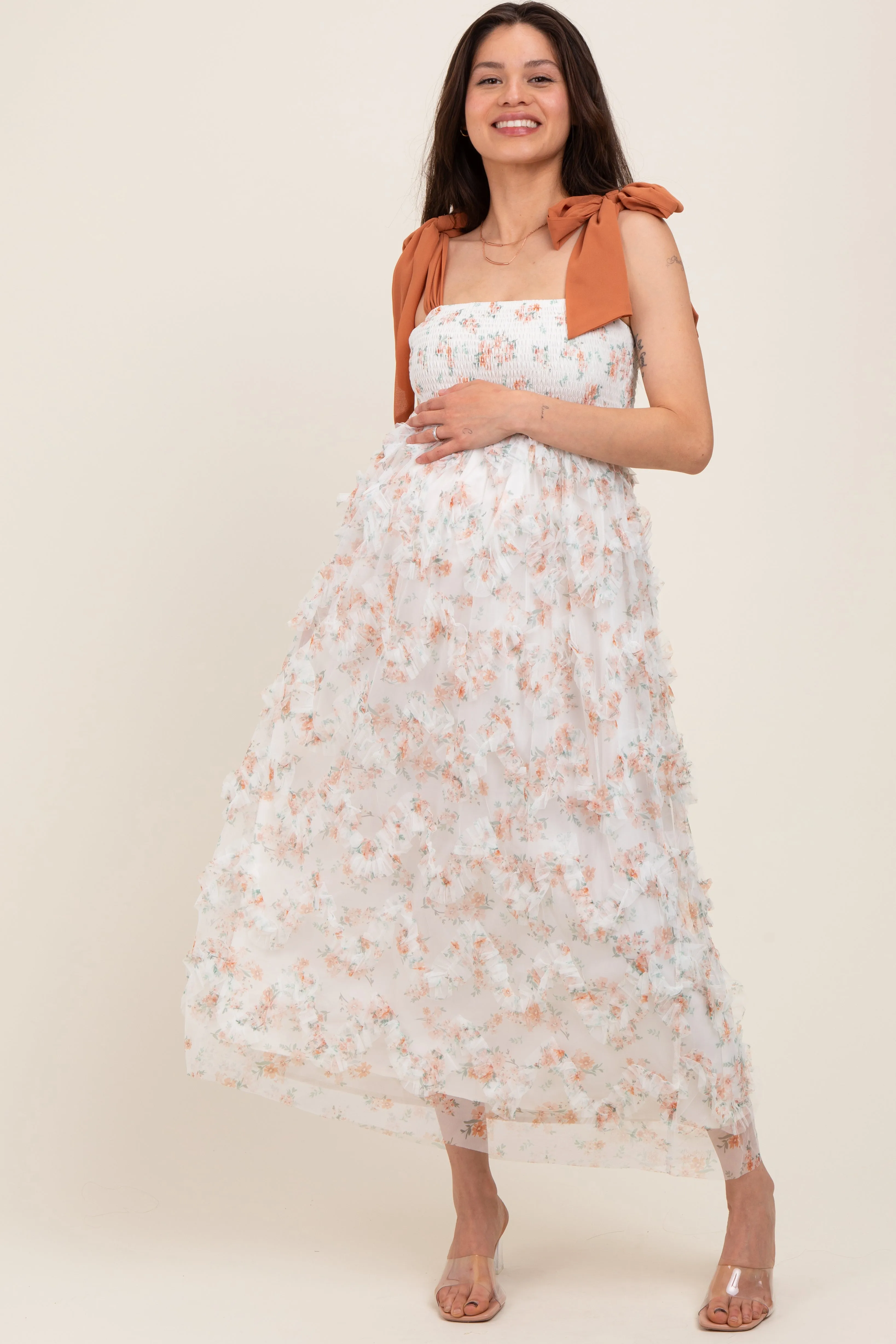 Rust Floral Smocked Shoulder Tie Ruffled Maternity Midi Dress sold by Pinkblush