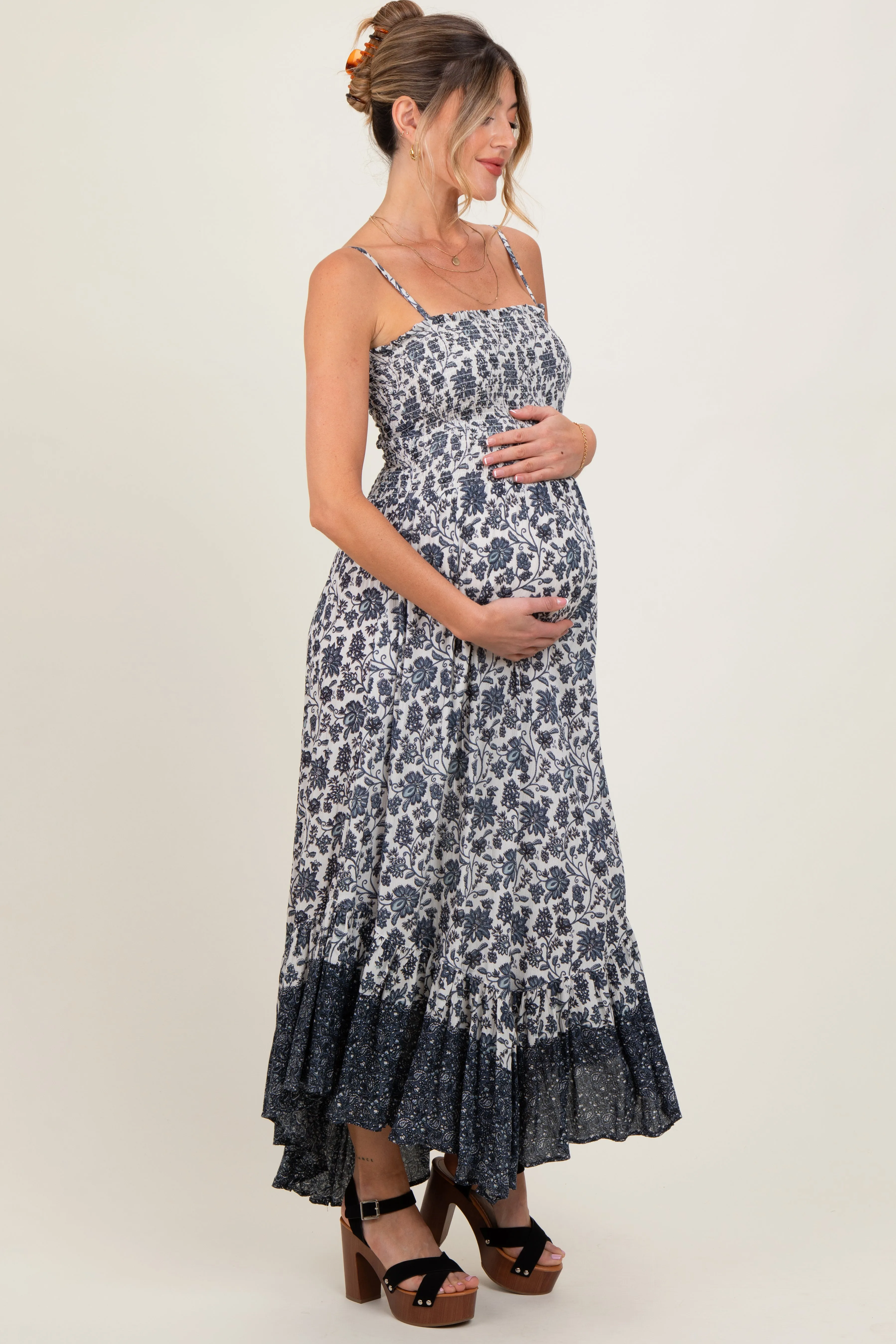 Navy Blue Floral Smocked Handkerchief Hem Maternity Maxi Dress sold by Pinkblush product image thumbnail 2