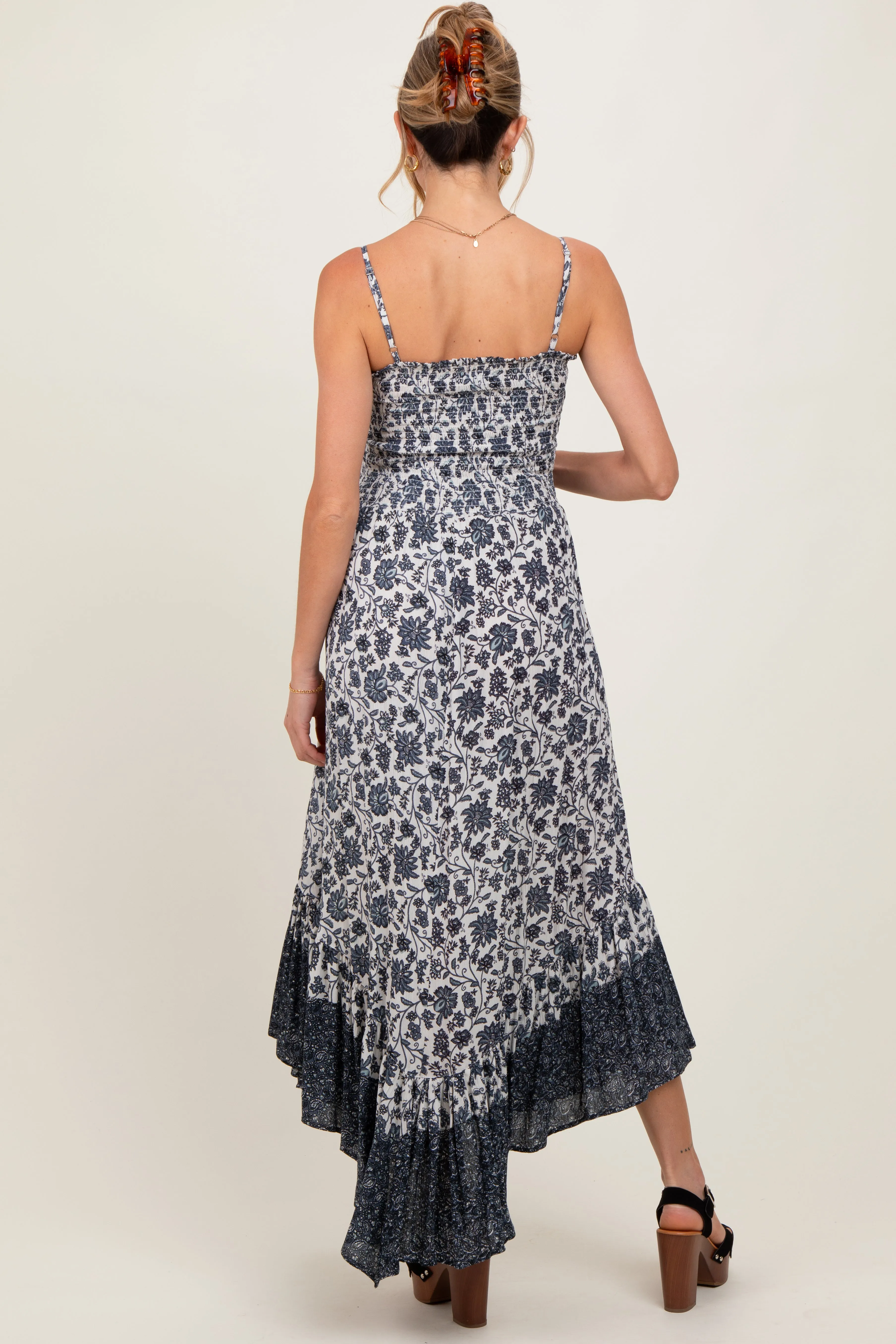 Navy Blue Floral Smocked Handkerchief Hem Maternity Maxi Dress sold by Pinkblush product image thumbnail 3
