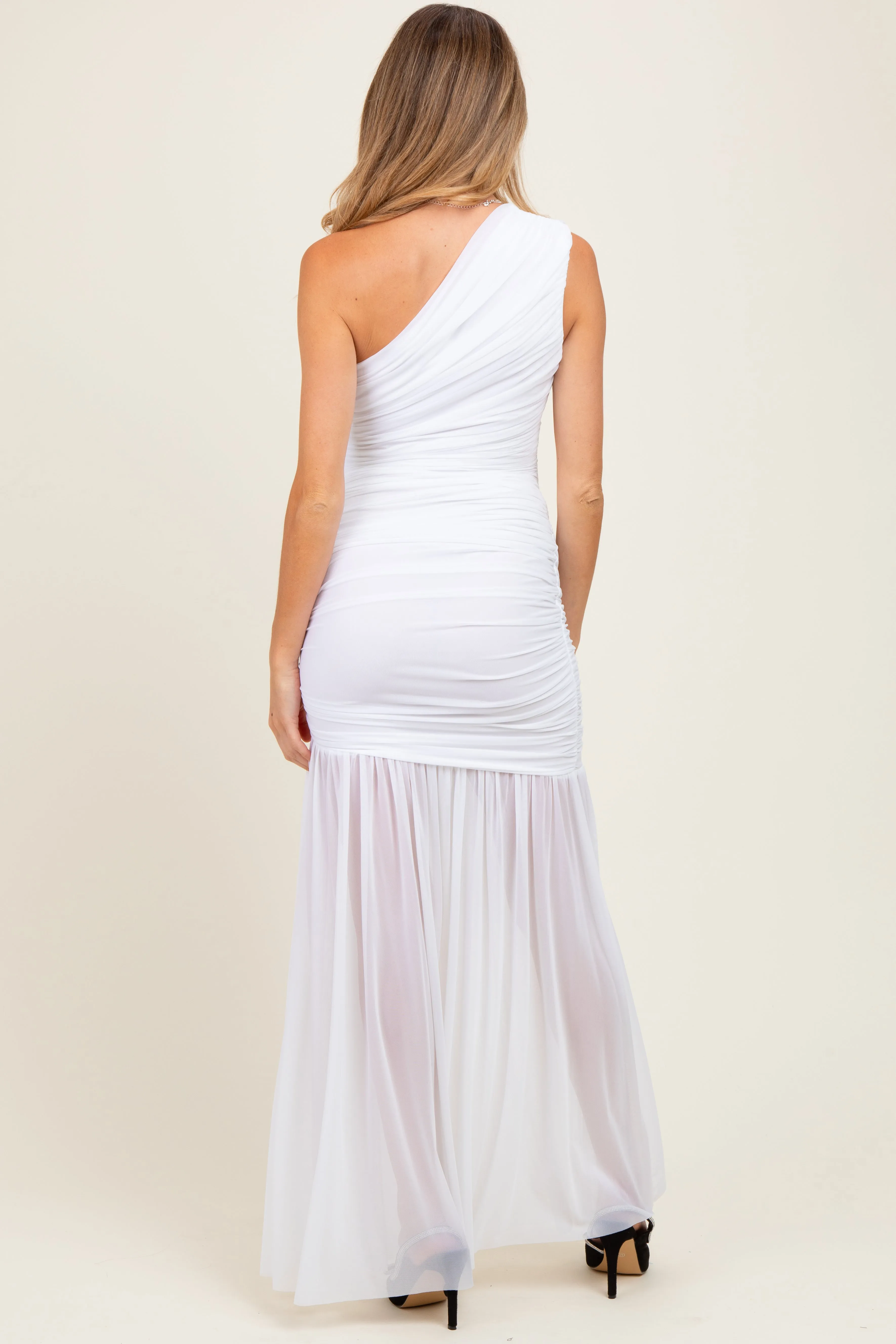 White Ruched Mesh One Shoulder Maternity Maxi Dress sold by Pinkblush product image thumbnail 4