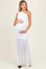 White Ruched Mesh One Shoulder Maternity Maxi Dress sold by Pinkblush