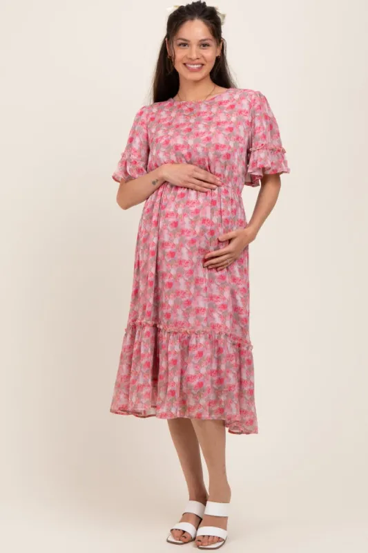 Pink Floral Ruffle Accent Maternity Midi Dress sold by Pinkblush