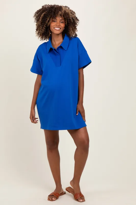 Royal Blue Maternity Mini Polo Dress sold by Pinkblush