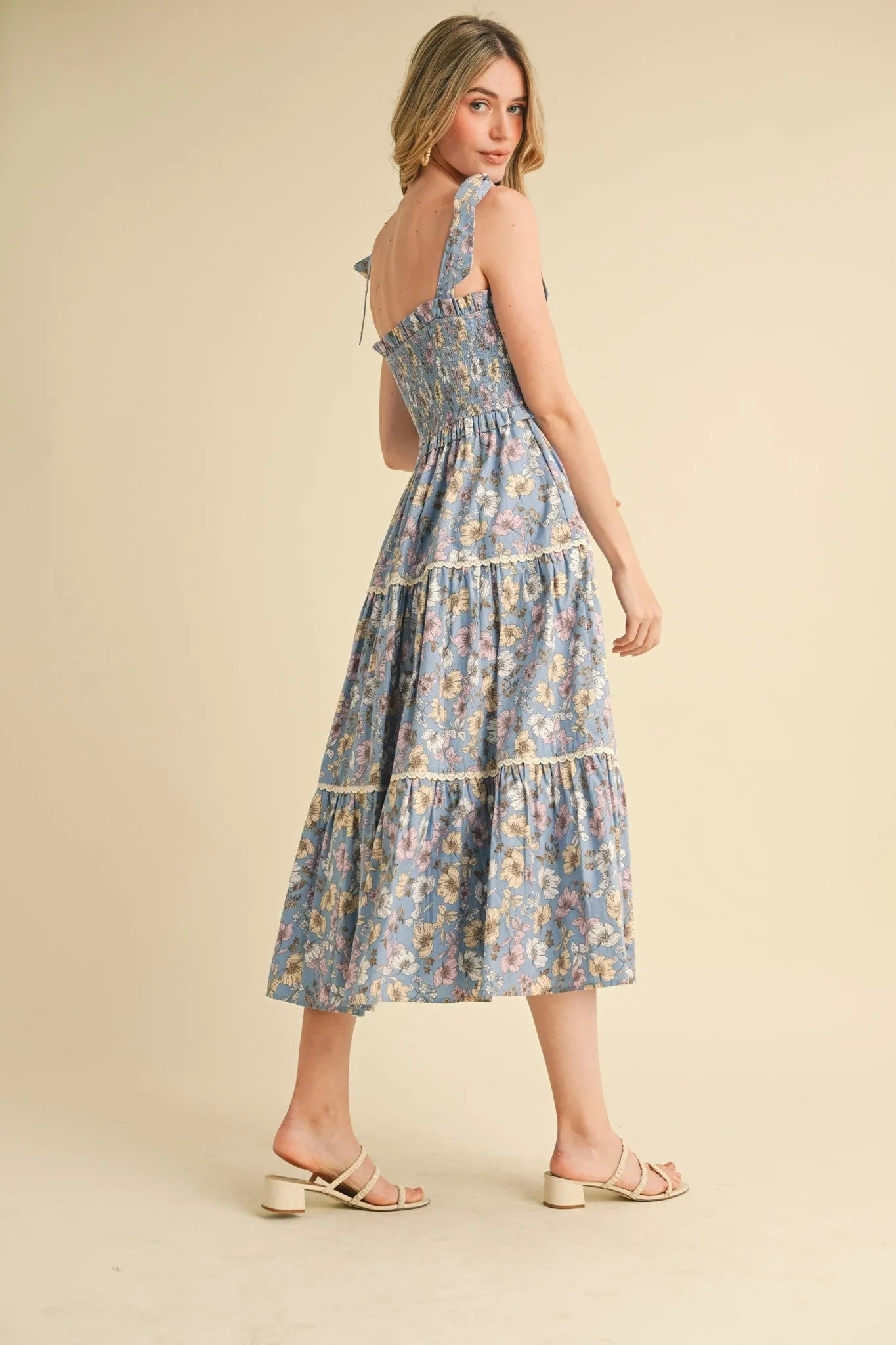 Denim Floral Smocked Ruffled Lace Trim Midi Dress sold by Pinkblush product image thumbnail 3