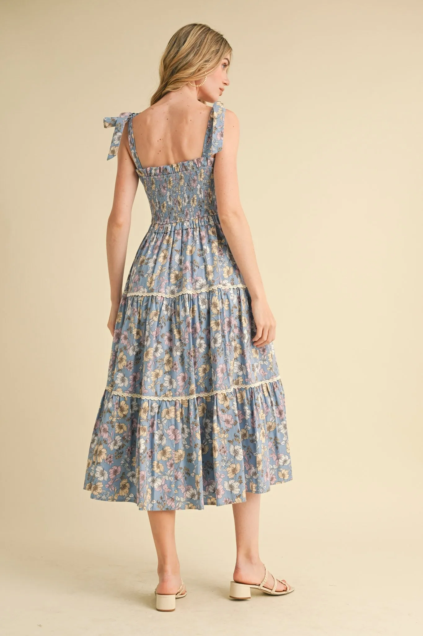 Denim Floral Smocked Ruffled Lace Trim Midi Dress sold by Pinkblush product image thumbnail 4