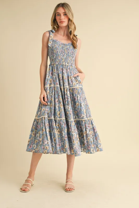 Denim Floral Smocked Ruffled Lace Trim Midi Dress sold by Pinkblush