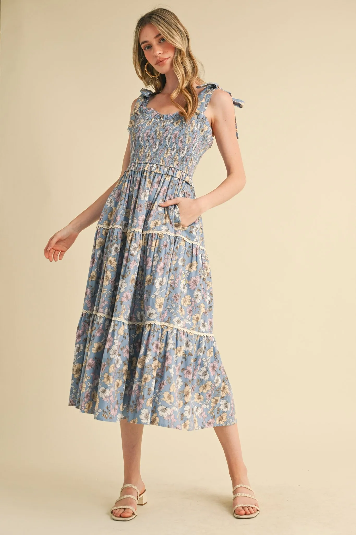 Denim Floral Smocked Ruffled Lace Trim Midi Dress sold by Pinkblush product image thumbnail 2