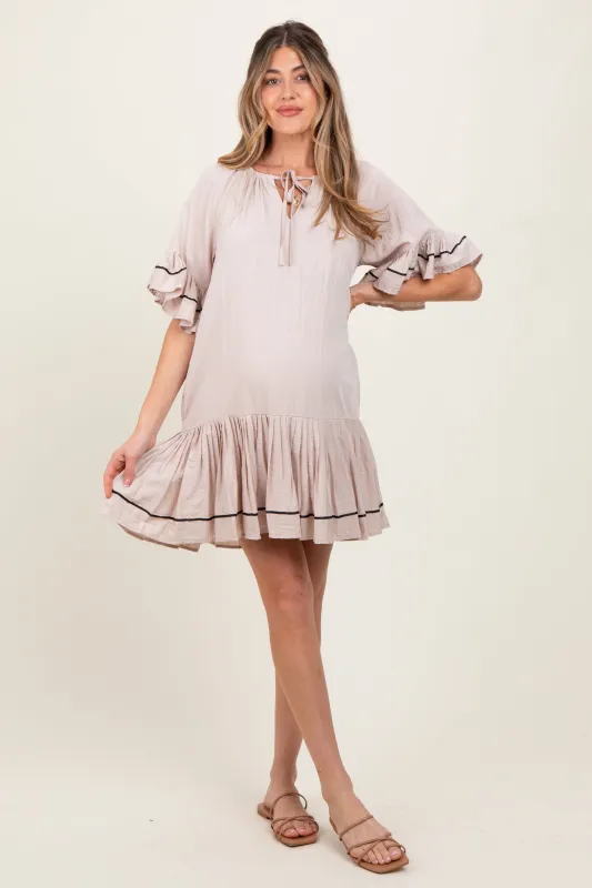 Beige Solid Short Sleeve Pocketed Maternity Dress sold by Pinkblush