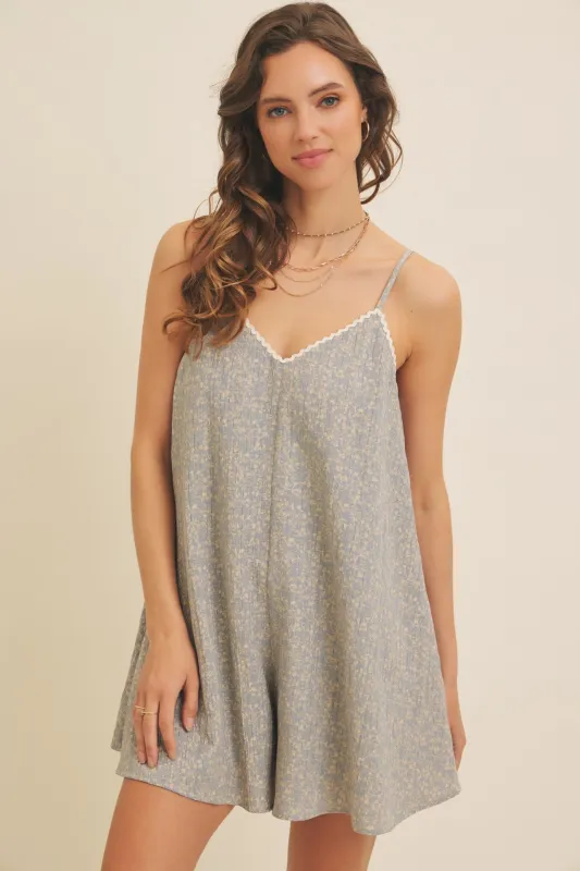 Light Blue Flowy Jacquard Ditsy Romper sold by Pinkblush