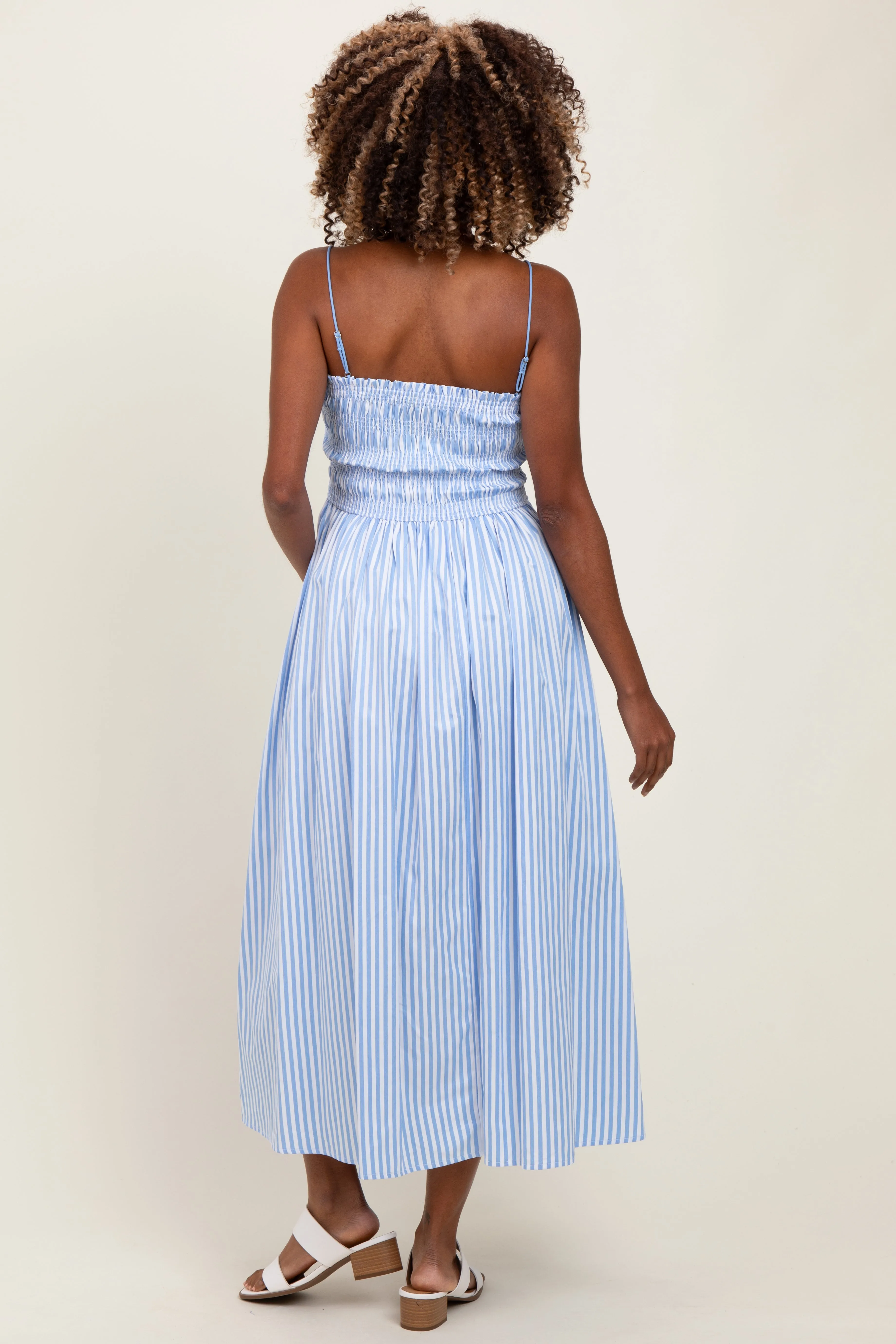 Blue Striped Smocked Maternity Midi Dress sold by Pinkblush product image thumbnail 3