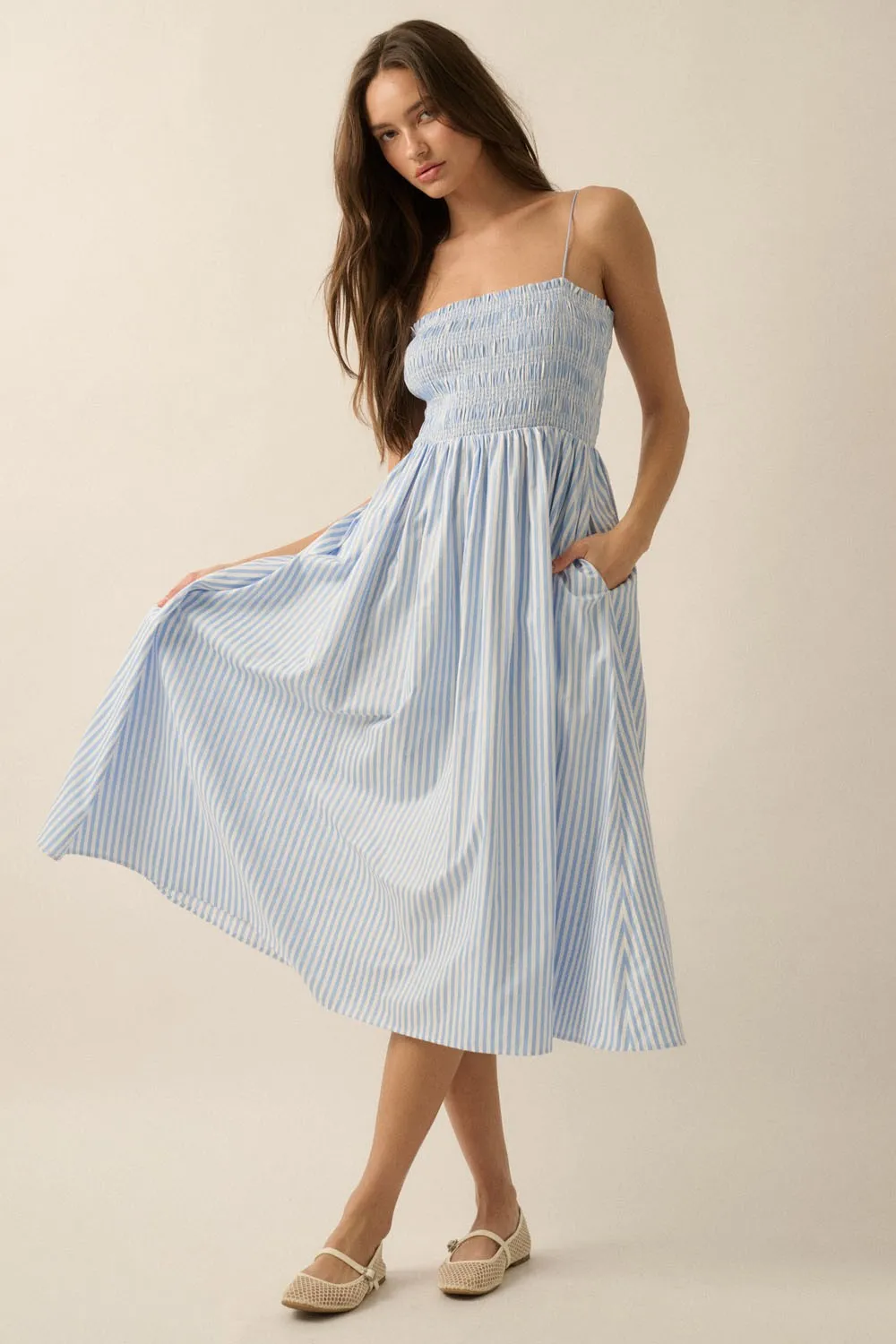 Blue Striped Smocked Maternity Midi Dress sold by Pinkblush product image thumbnail 4