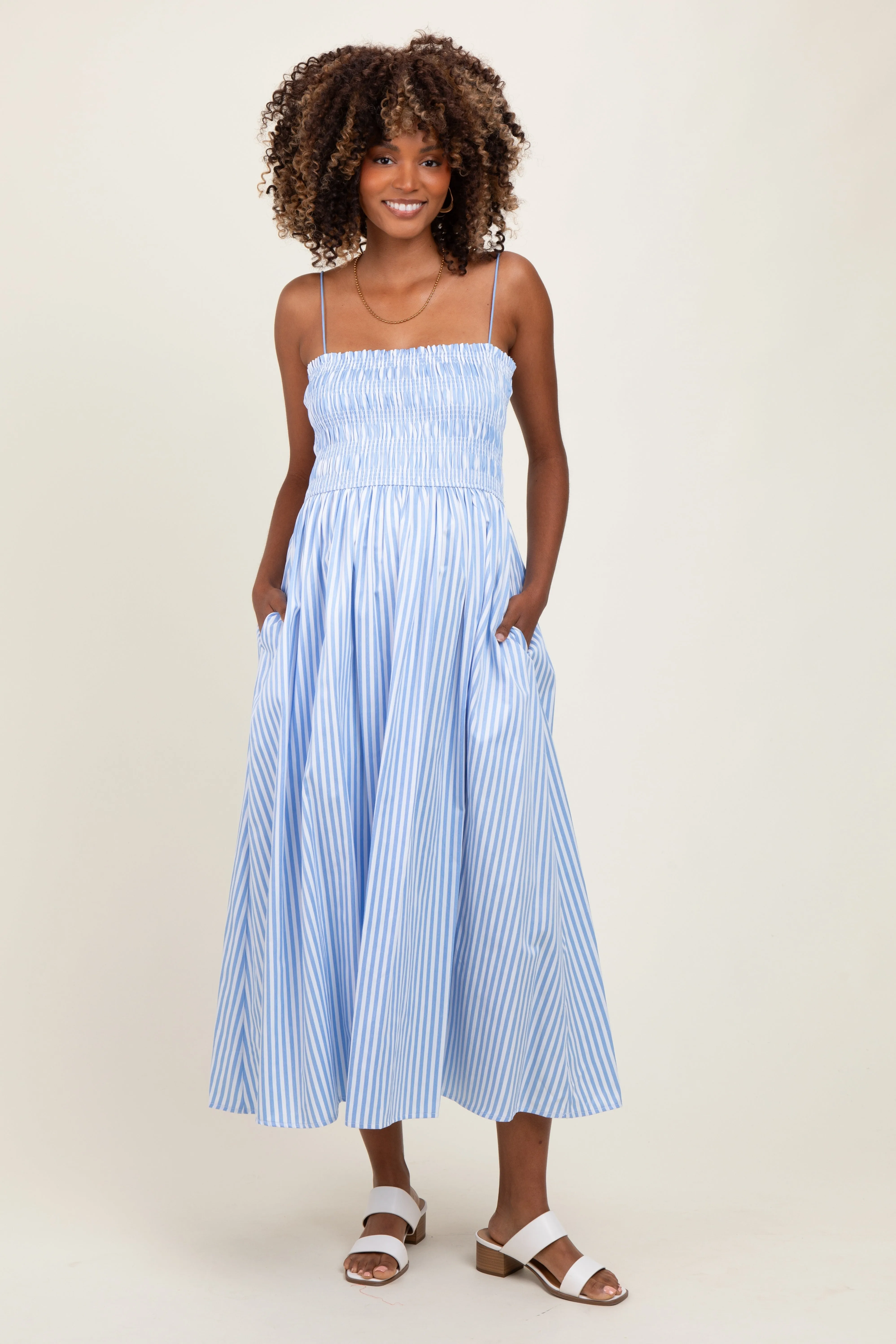 Blue Striped Smocked Maternity Midi Dress sold by Pinkblush