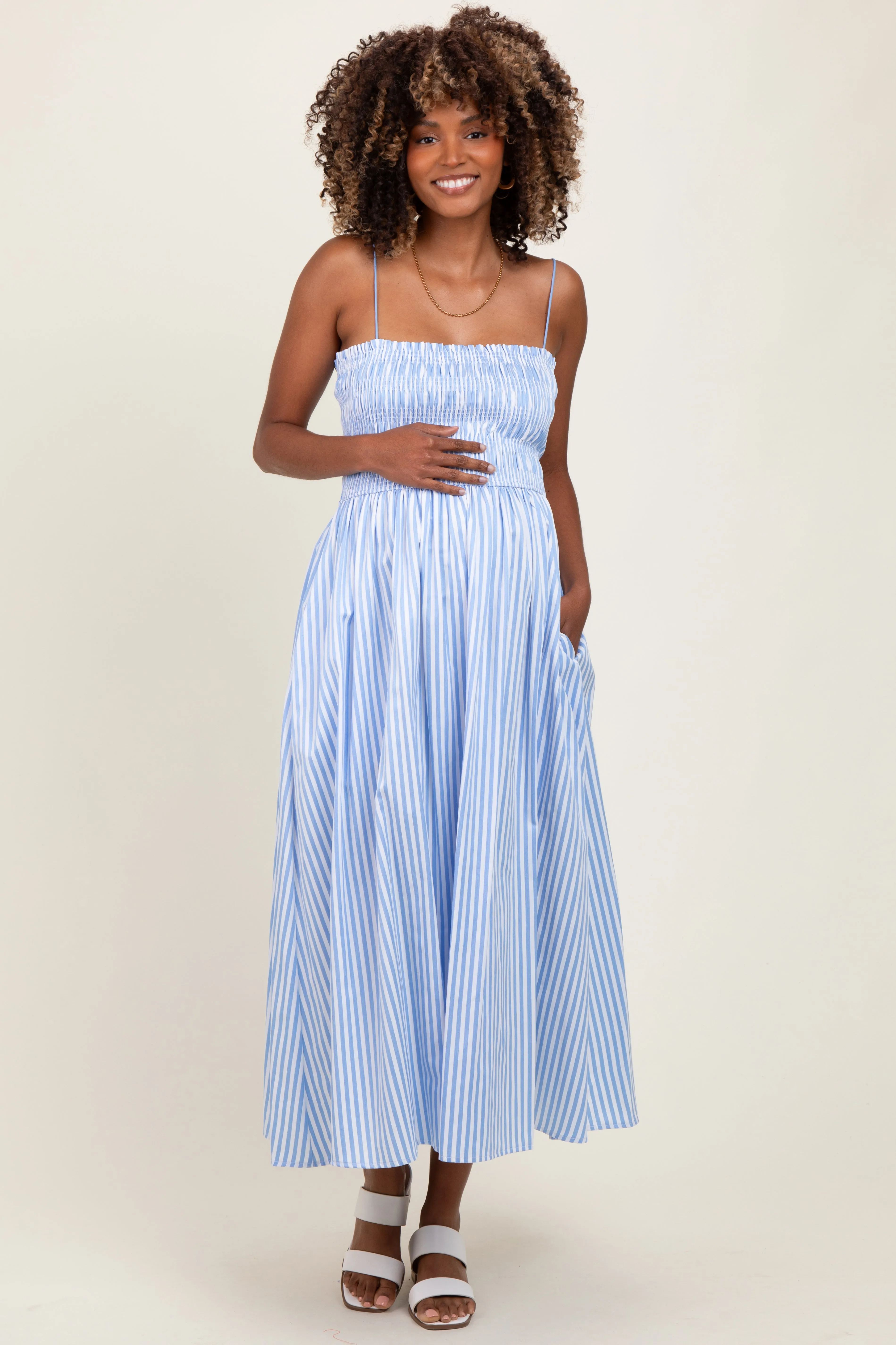 Blue Striped Smocked Maternity Midi Dress sold by Pinkblush product image thumbnail 2