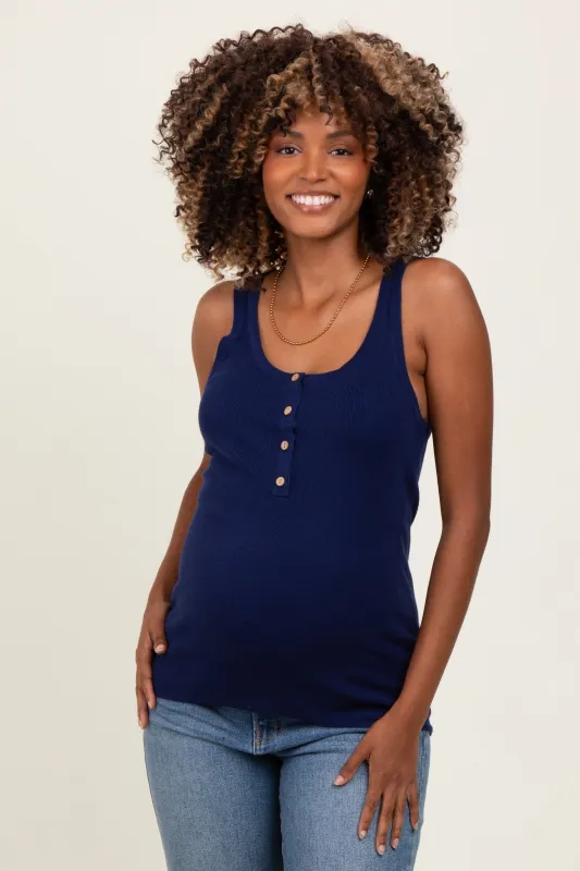 Navy Ribbed Knit Button Maternity Tank Top sold by Pinkblush
