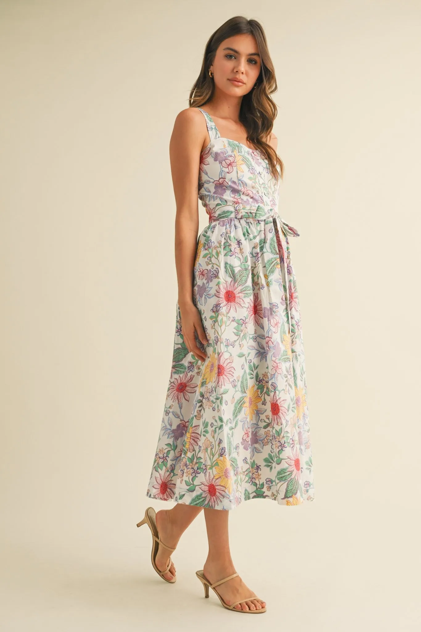 Ivory Floral Button Front Sash Tie Midi Dress sold by Pinkblush product image thumbnail 3