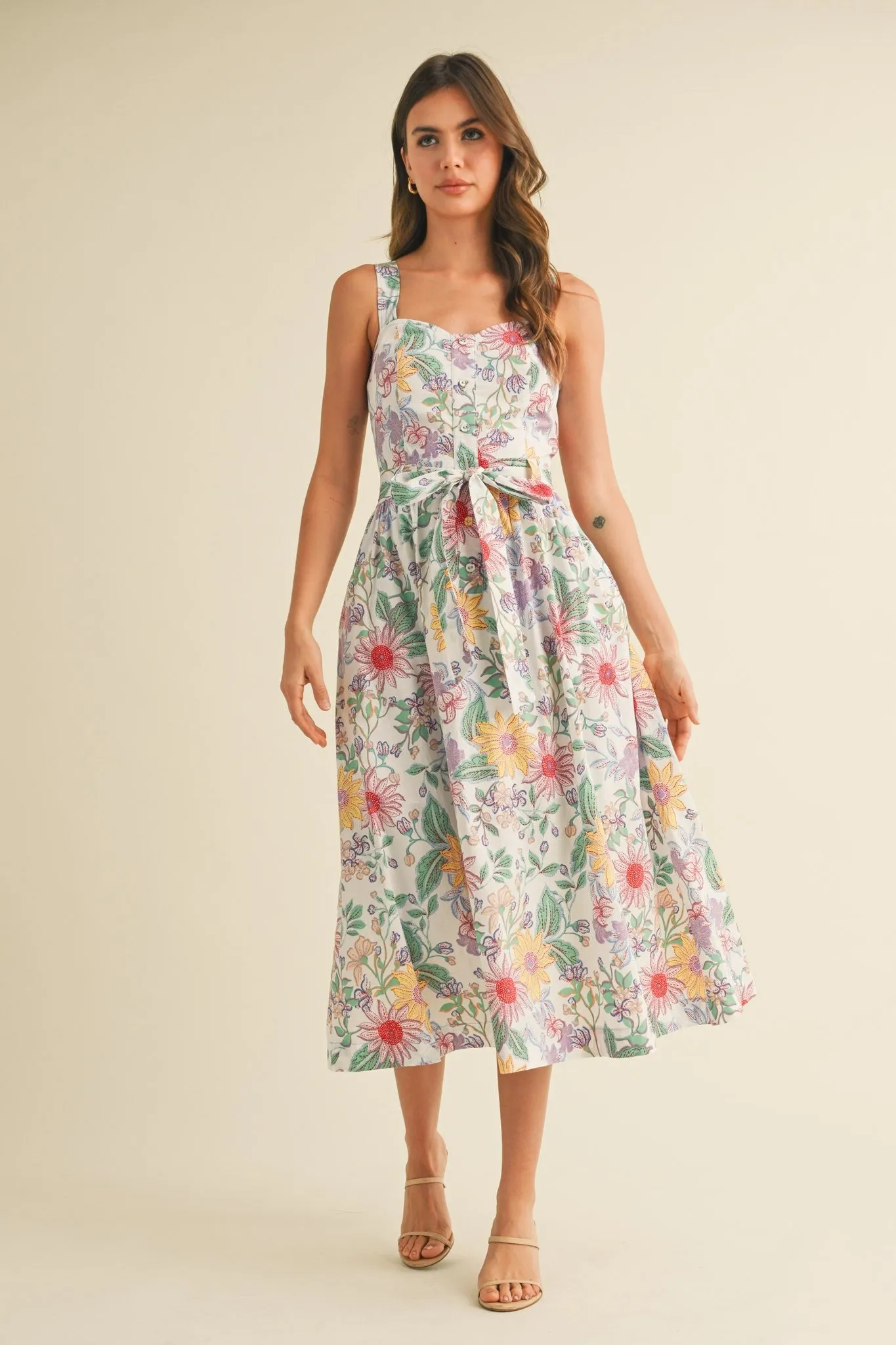 Ivory Floral Button Front Sash Tie Midi Dress sold by Pinkblush