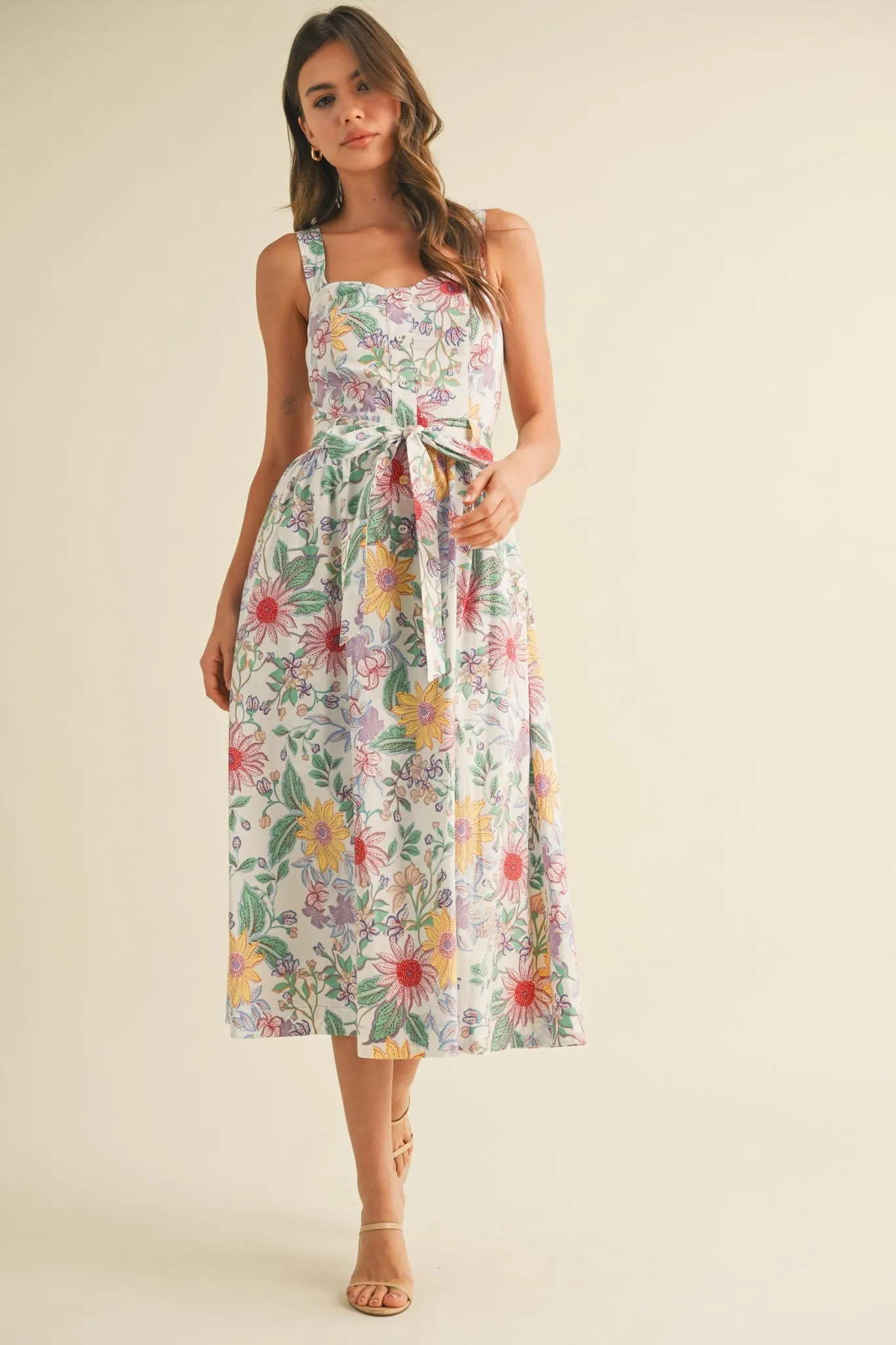 Ivory Floral Button Front Sash Tie Midi Dress sold by Pinkblush product image thumbnail 2
