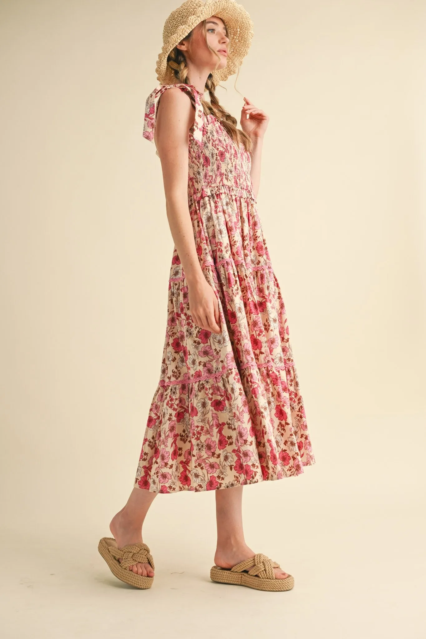 Pink Floral Smocked Ruffled Lace Trim Midi Dress sold by Pinkblush product image thumbnail 2
