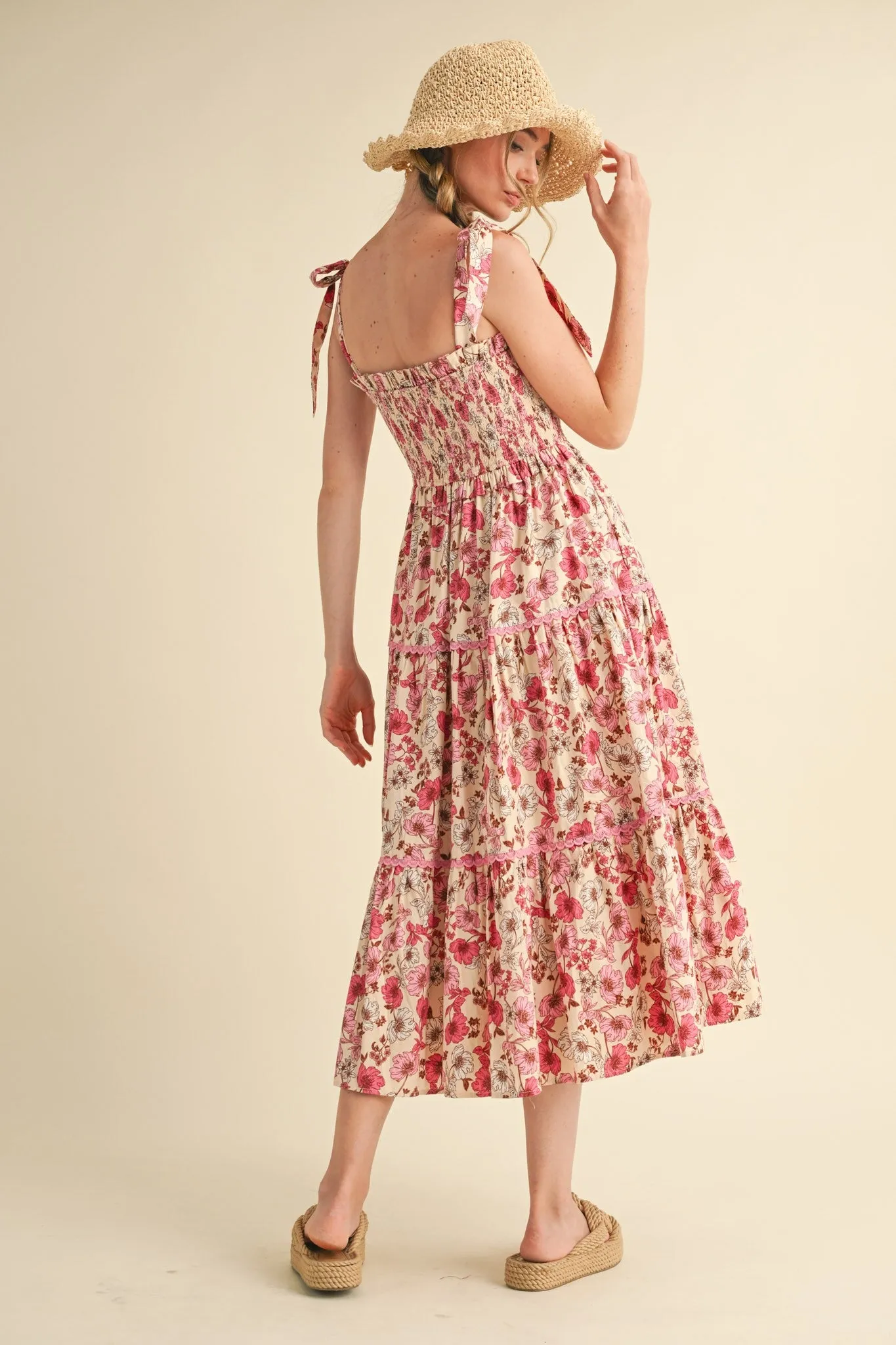 Pink Floral Smocked Ruffled Lace Trim Midi Dress sold by Pinkblush product image thumbnail 3