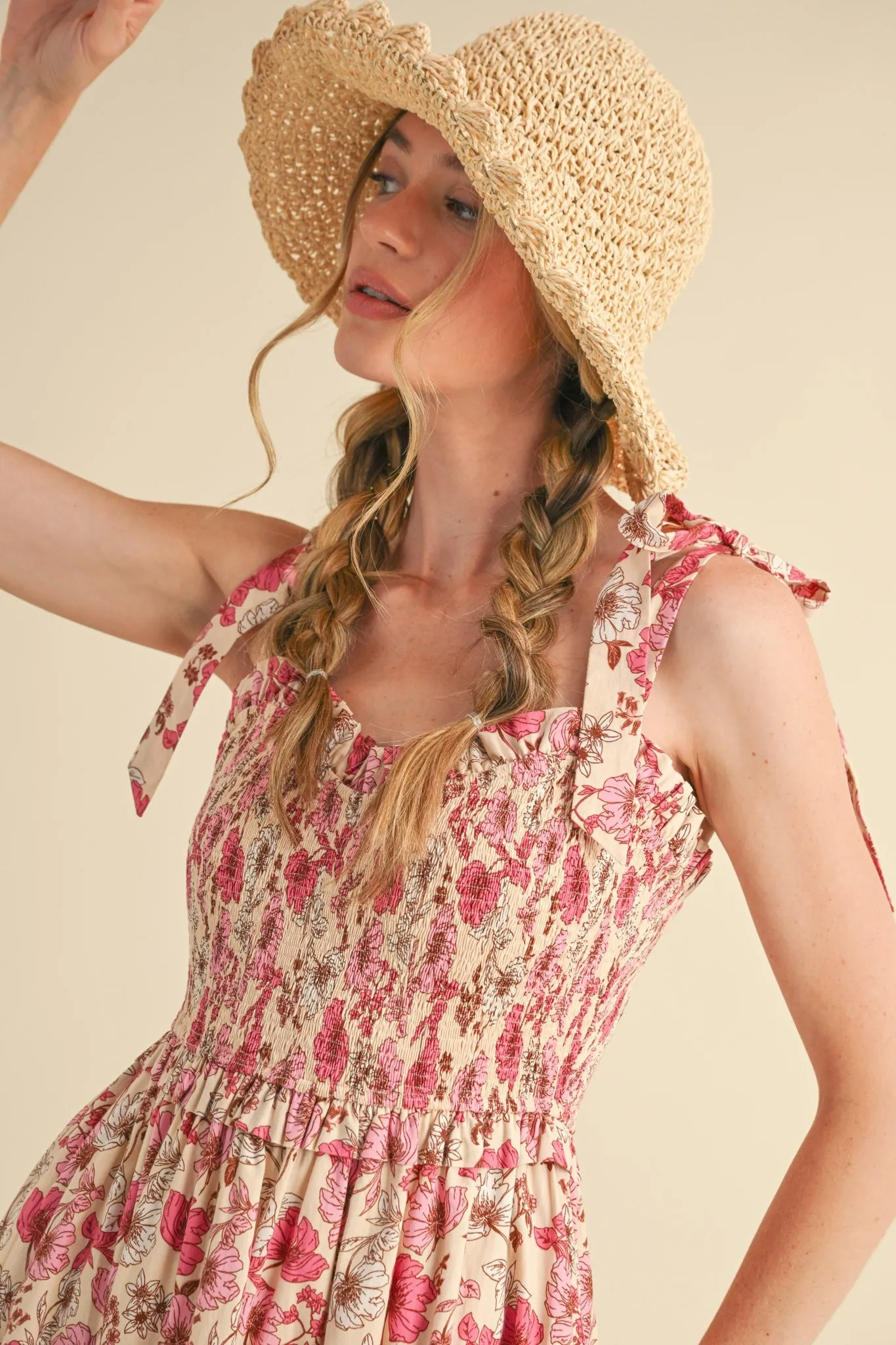 Pink Floral Smocked Ruffled Lace Trim Midi Dress sold by Pinkblush product image thumbnail 4