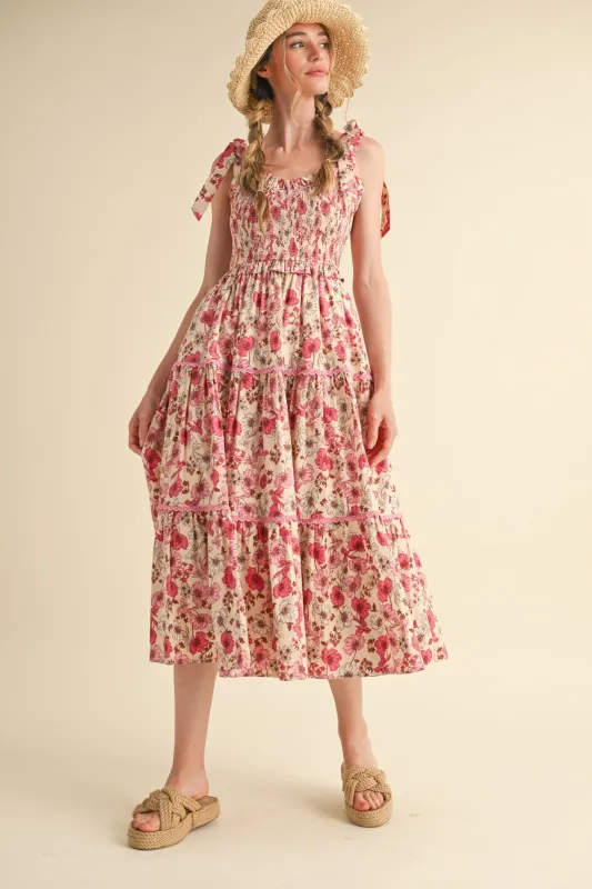 Pink Floral Smocked Ruffled Lace Trim Midi Dress sold by Pinkblush