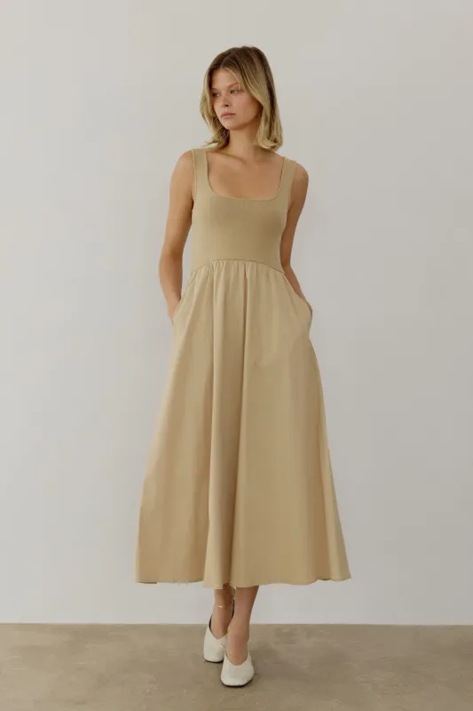 Light Camel Contrast Knit Poplin Sleeveless Midi Dress sold by Pinkblush