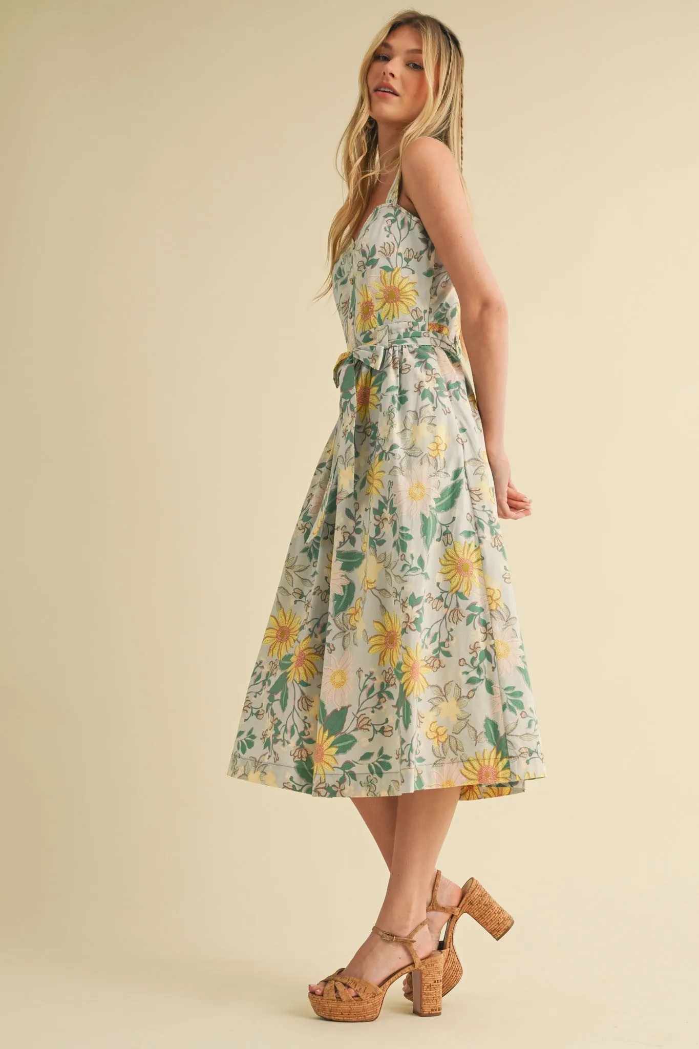 Green Floral Button Front Sash Tie Midi Dress sold by Pinkblush product image thumbnail 3