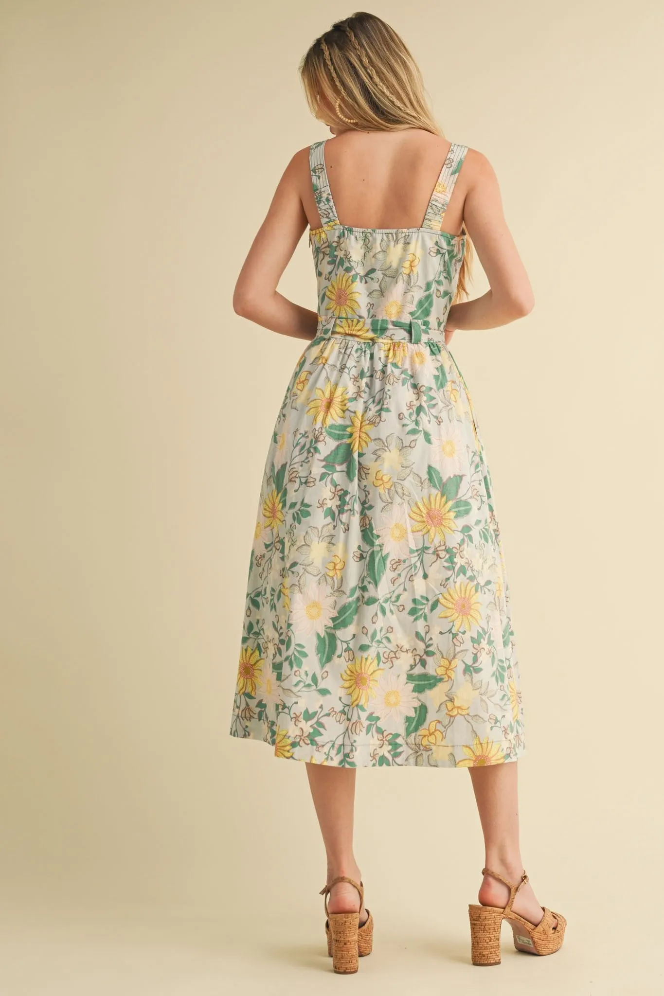 Green Floral Button Front Sash Tie Midi Dress sold by Pinkblush product image thumbnail 4