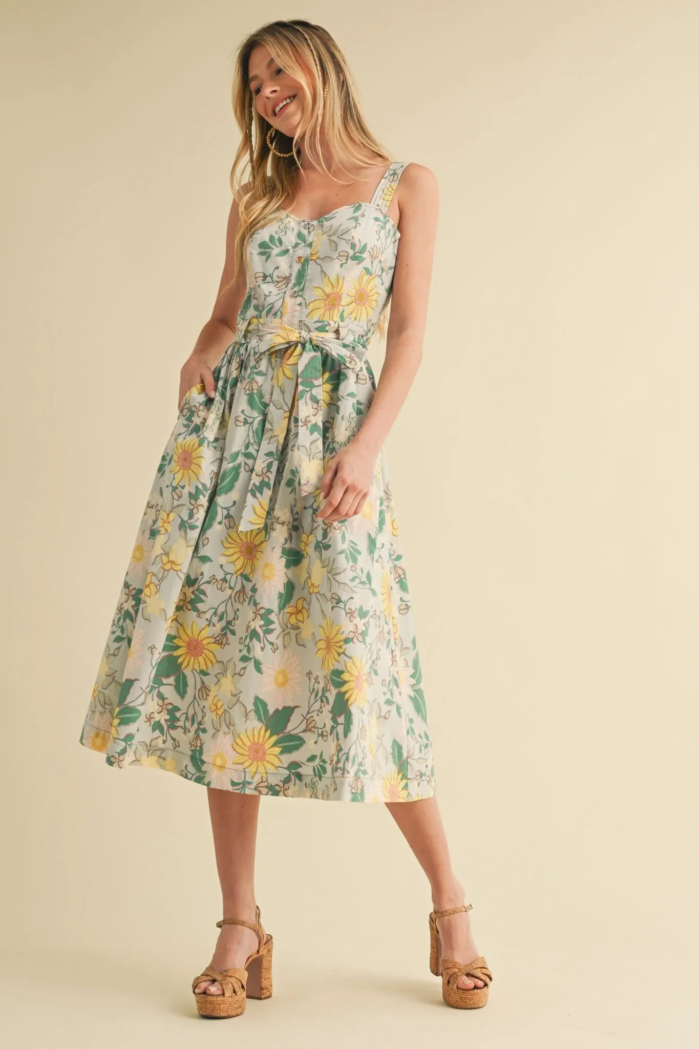 Green Floral Button Front Sash Tie Midi Dress sold by Pinkblush